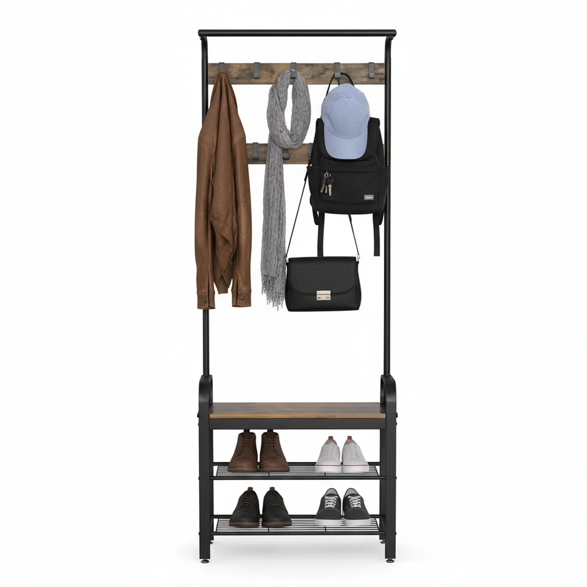 edx Coat Rack, 4-in-1 Shoe & Hat Rack with Shoe Bench, Includes 10 Removable Hooks & Hanging Rod
