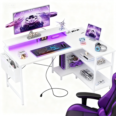 Edx L-Shaped Gaming Desk with USB-C Charging Ports, Smart LED Lights, 3 Storage Shelves & Monitor Stand Electric Corner Computer Desk for Home Office