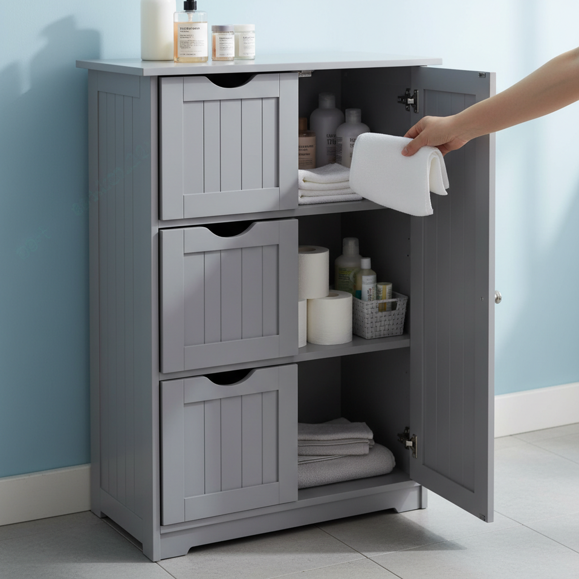 edx Wooden Storage Cabinet with 3 Drawers and a Cupboard, Modern Cupboard for Bathroom, Living Room, Office, Gray