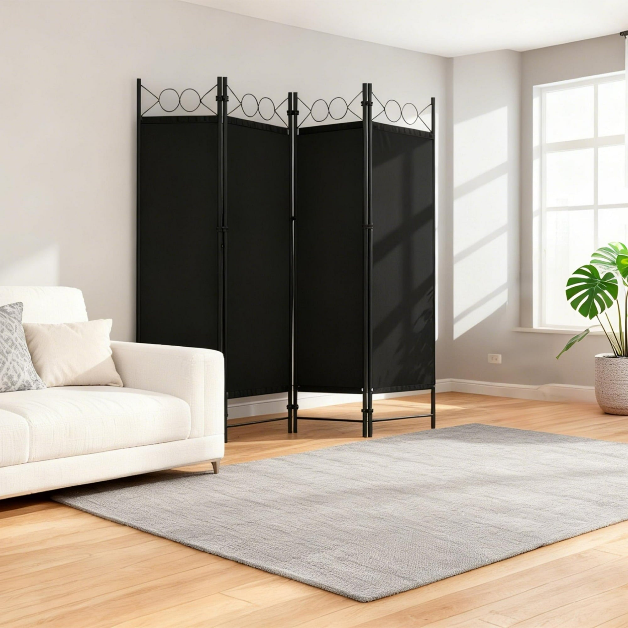 EDX 4 Panel Partition Room Divider, 6 Ft Tall Folding Privacy Screen with Steel Frame, Freestanding, Easy Move & Storage, For Home, Office, Bedroom, Black