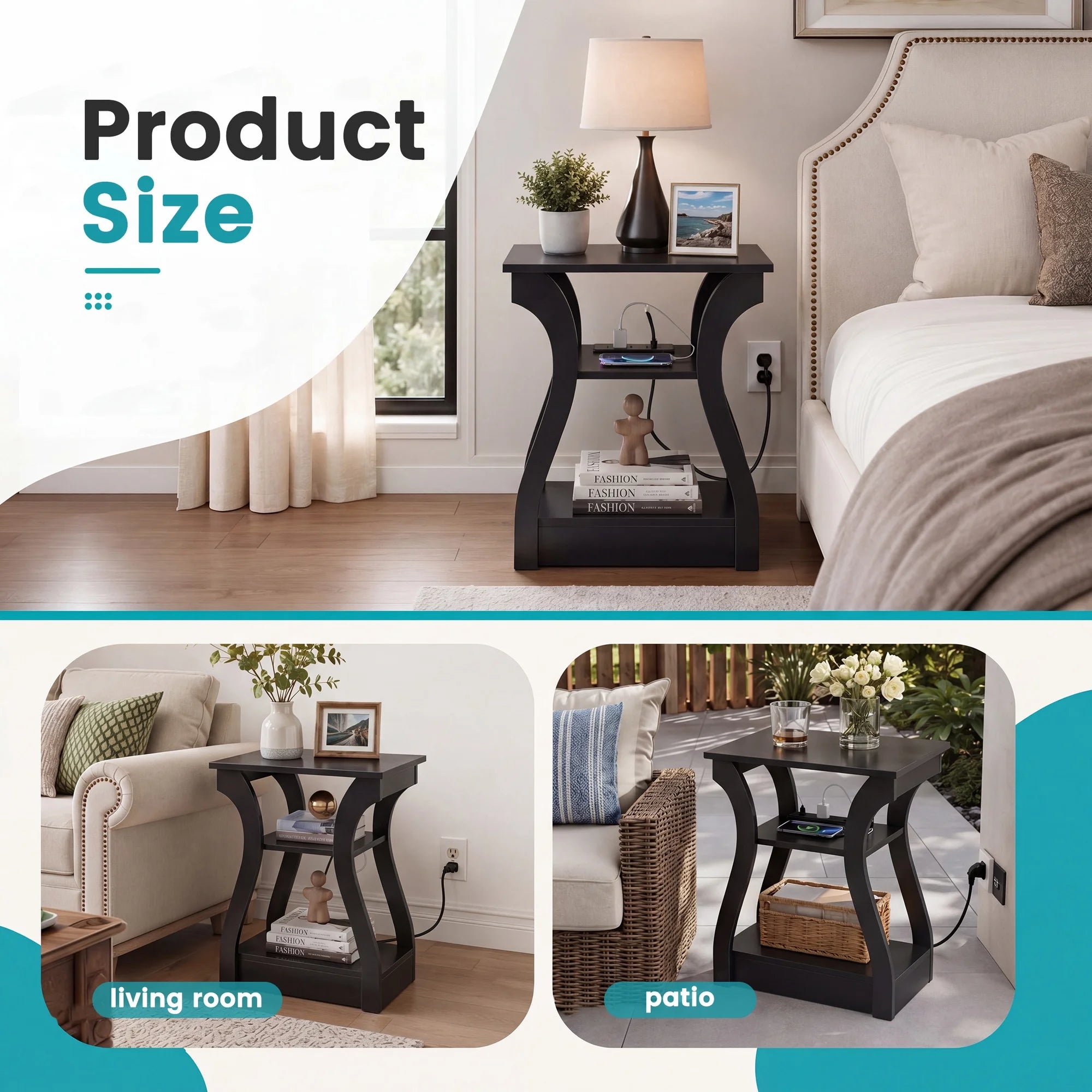 edx End Table with Charging Station, 3-Tier Nightstand with USB, Type-C & Outlets, Wood Side Table for Small Spaces