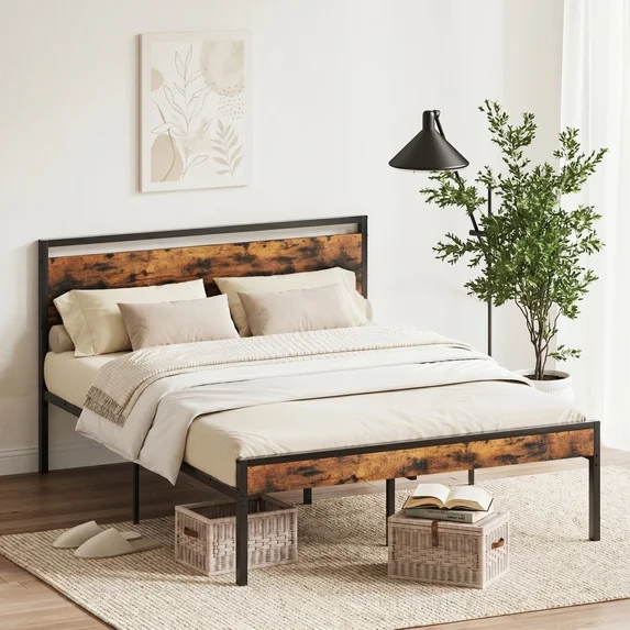 edx Bed Frame, Heavy Duty Metal Platform Bed with Wooden Headboard, 1000-LB Capacity, Under-Bed Storage, No Box Spring Needed