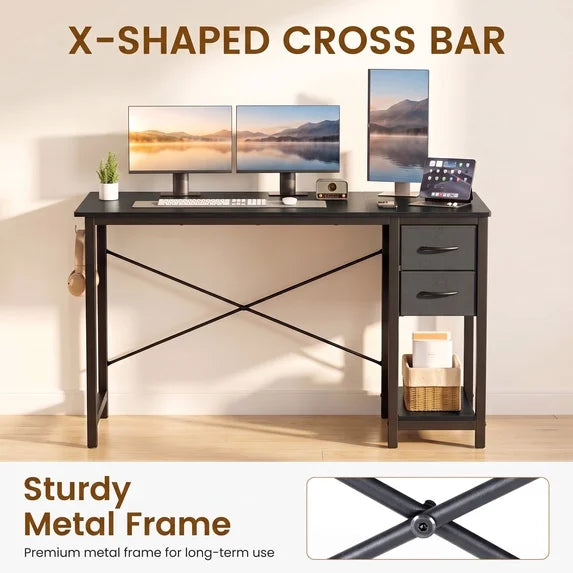 EDX Computer Desk with 2 Drawers PC Table Study Writing Desk with Storage Shelf Headphone Hook, Simple Style Small Desk for Home