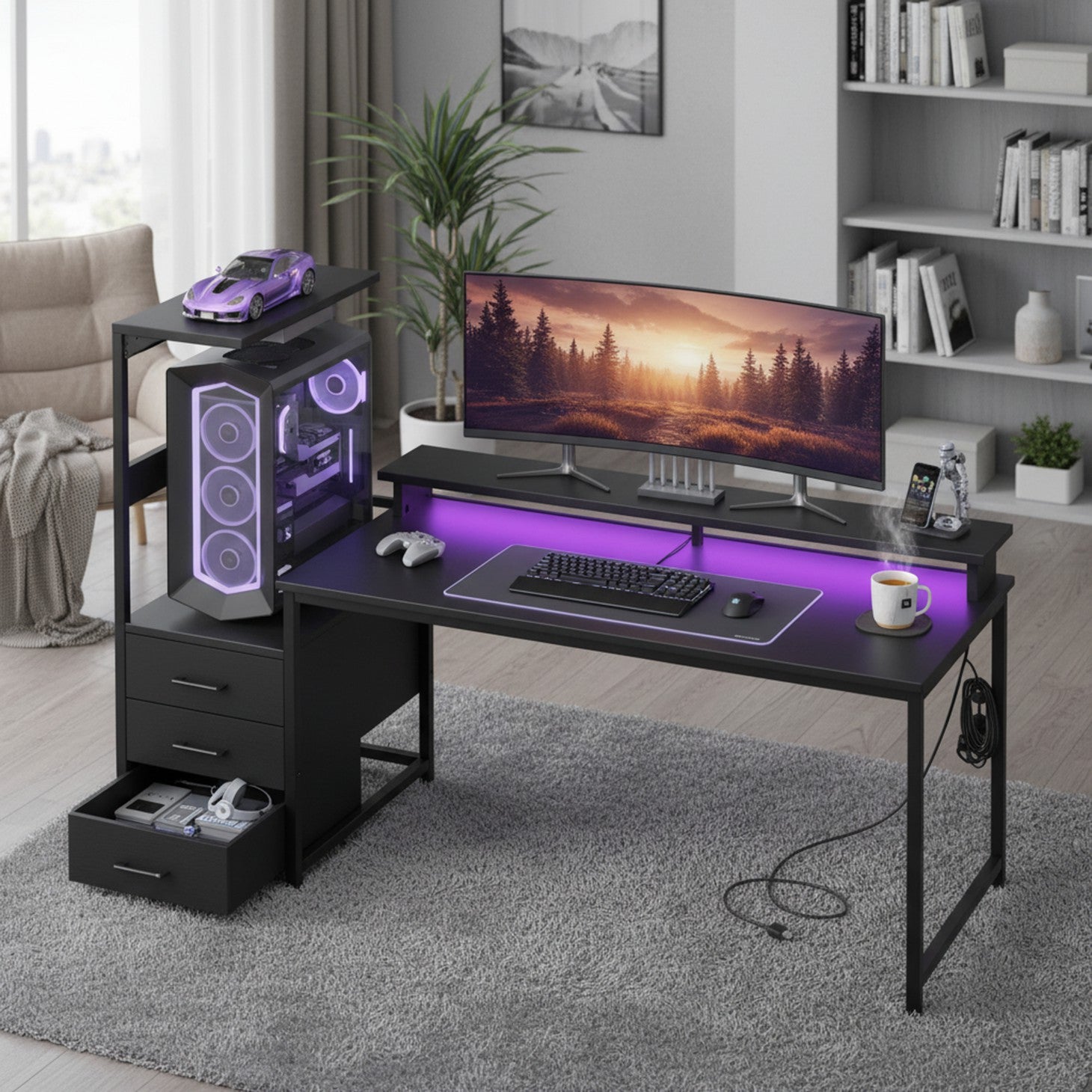 Edx Gaming Desk with Hutch & 3 Fabric Drawers, Computer Desk with USB Ports & LED Lights, Reversible Pc Gamer Table with Monitor Stand for Home Office