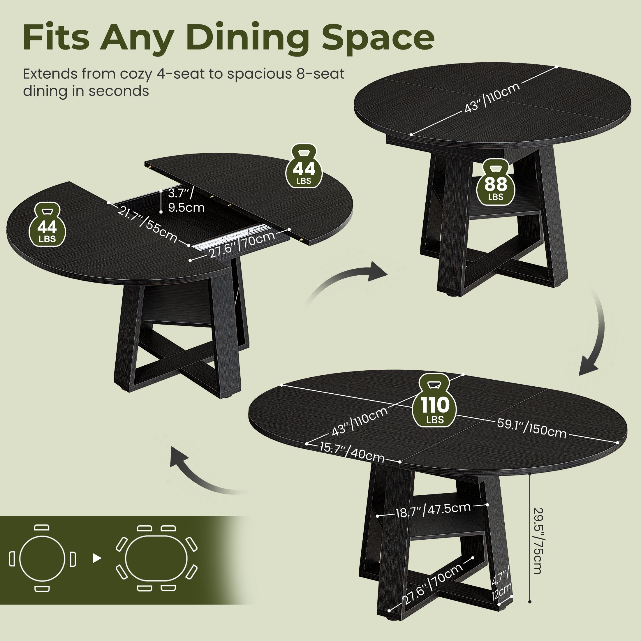 EDX 43.3″–59″ Extendable Round Dining Table for 4-8, Modern Oval Dining Table with Removable Leaves, Wooden Kitchen Table with Storage Shelf Base, Space Saving for Kitchen Living Room