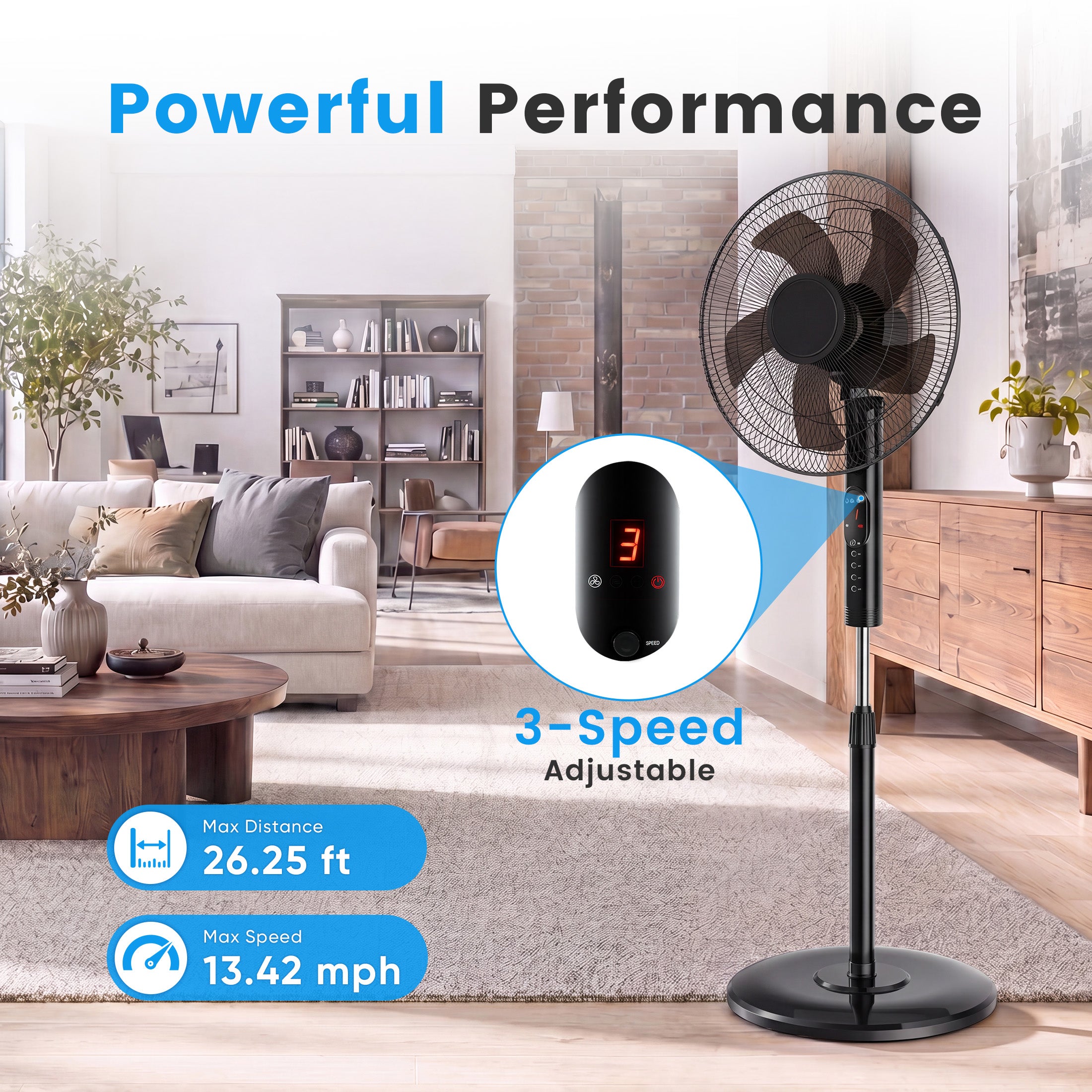EDX 16" Quiet Pedestal Fan with Remote – 60W Energy-Saving Motor, 15H Timer, 3 Speeds & 3 Wind Modes, 80° Oscillation, Adjustable Height & Tilt for Bedroom, Home Office, and Living Spaces