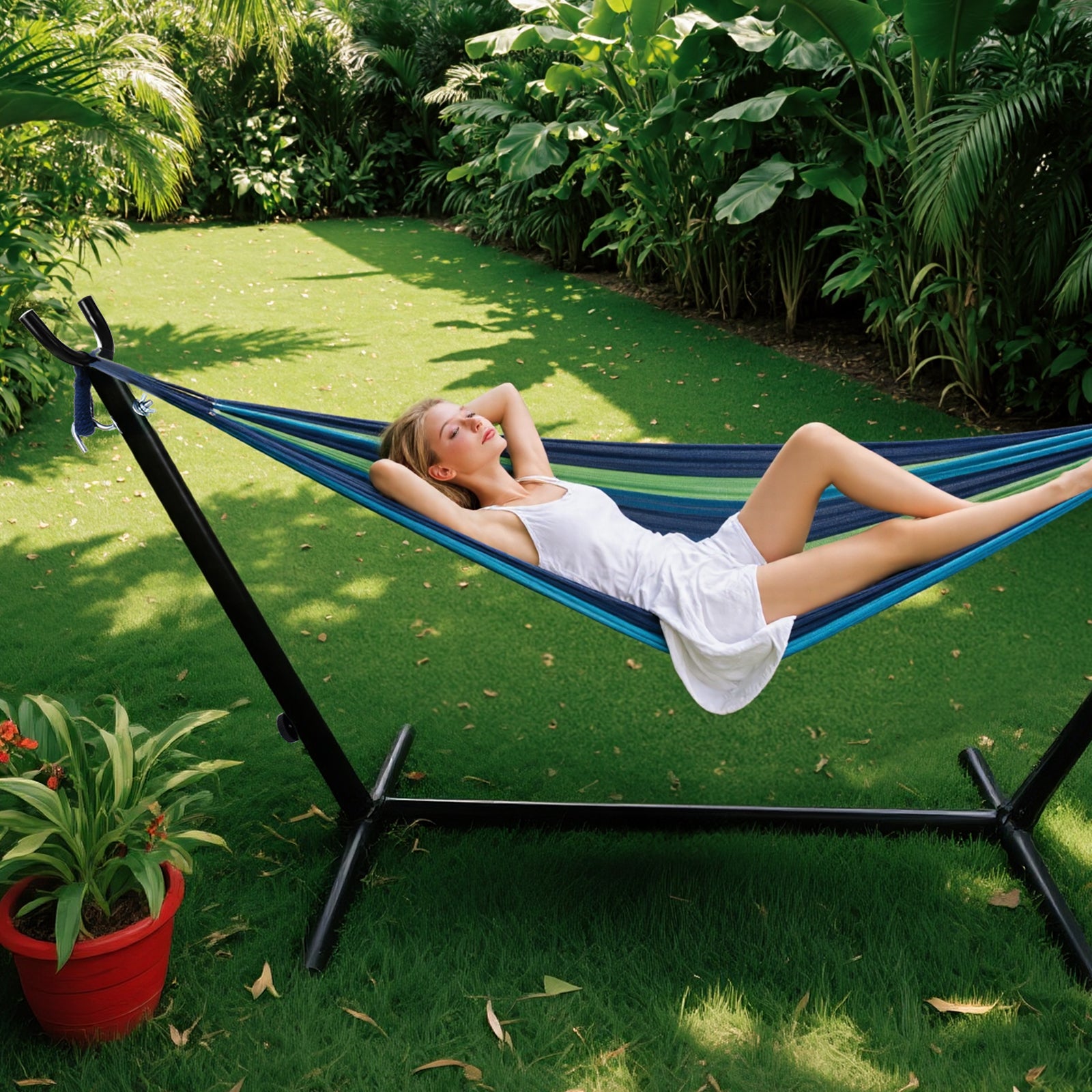 EDX Double Hammock with Space Saving Steel Stand, 2 Person Heavy Duty Outdoor 450lb Capacity Standing Hammocks, Upgraded Polyester End Strings, Portable Carrying Bag Included