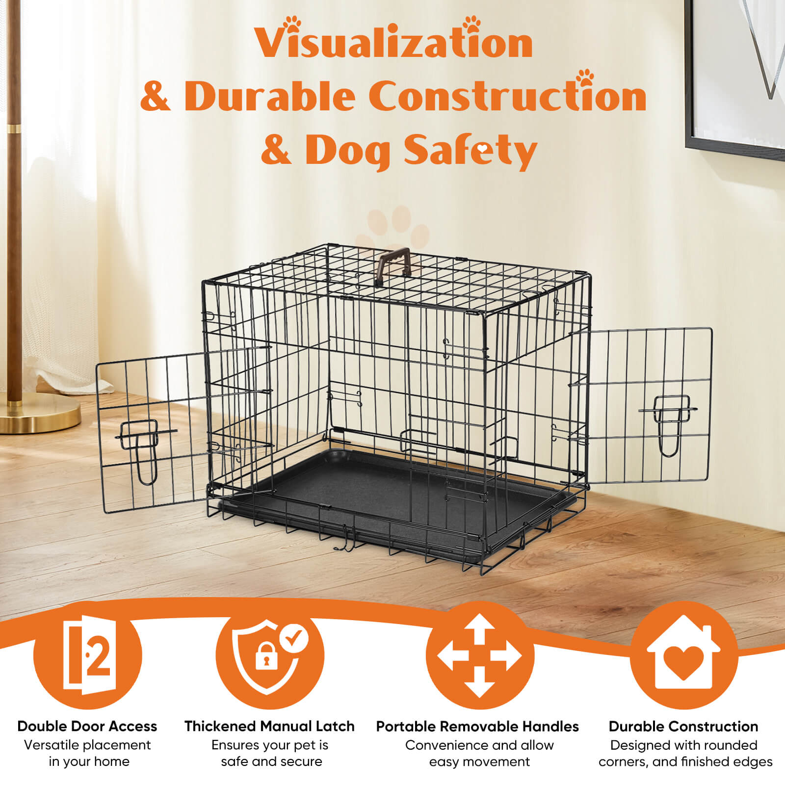 Mayoume Dog Crate-24/30/36/42/48 inch, Double Door Dog Cage with Divider Panel and Plastic Leak-Proof Pan Tray, foldable, easy to carry, suitable for indoor, outdoor, travel use