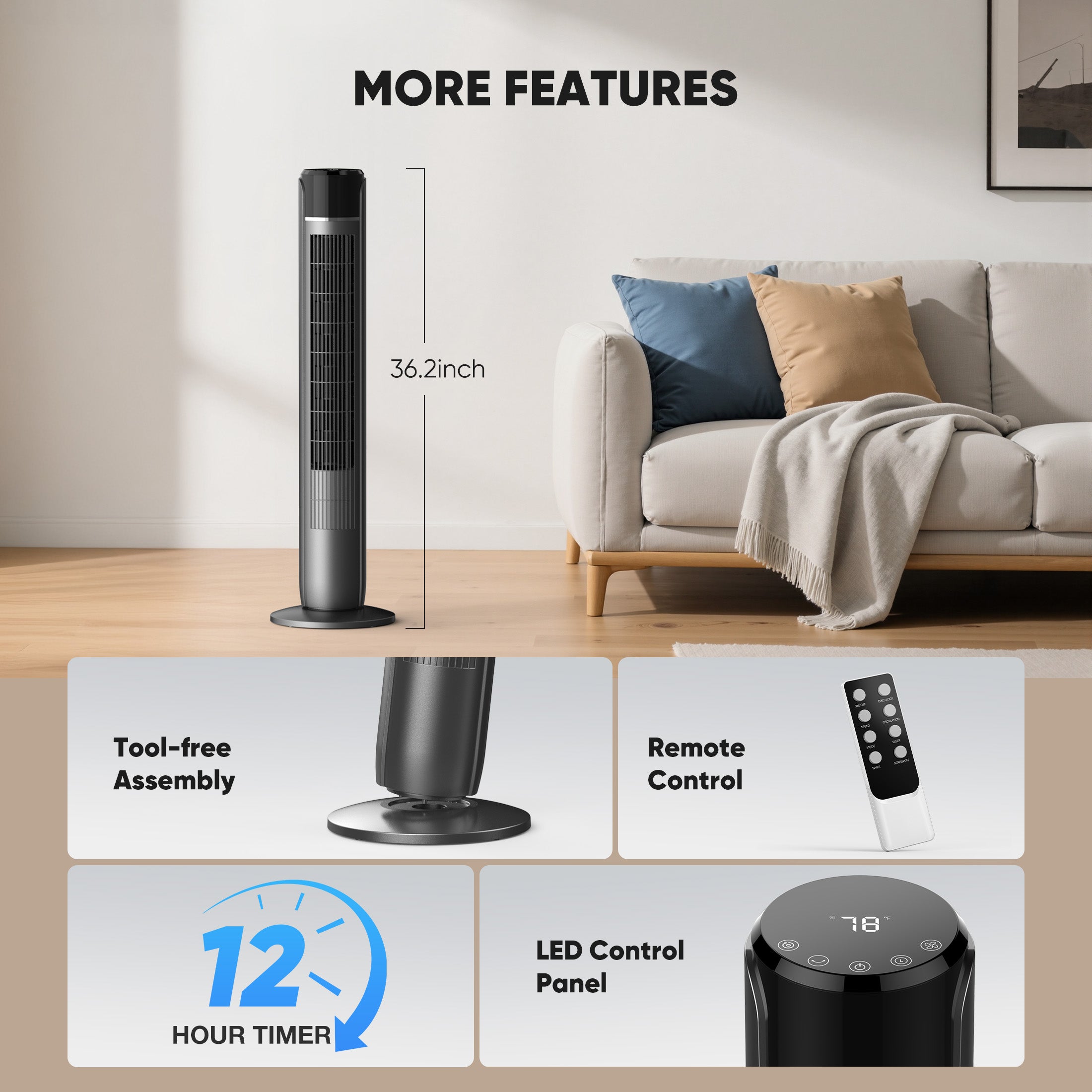 EDX Tower Fan for Home, 36" Standing Floor Fan, 25 ft/s Bladeless Fan Cold Air, 28dB Quiet for Sleep, Remote, 60° Oscillation, 12H Timer, 5 Speeds, 4 Modes, LED Display，Black