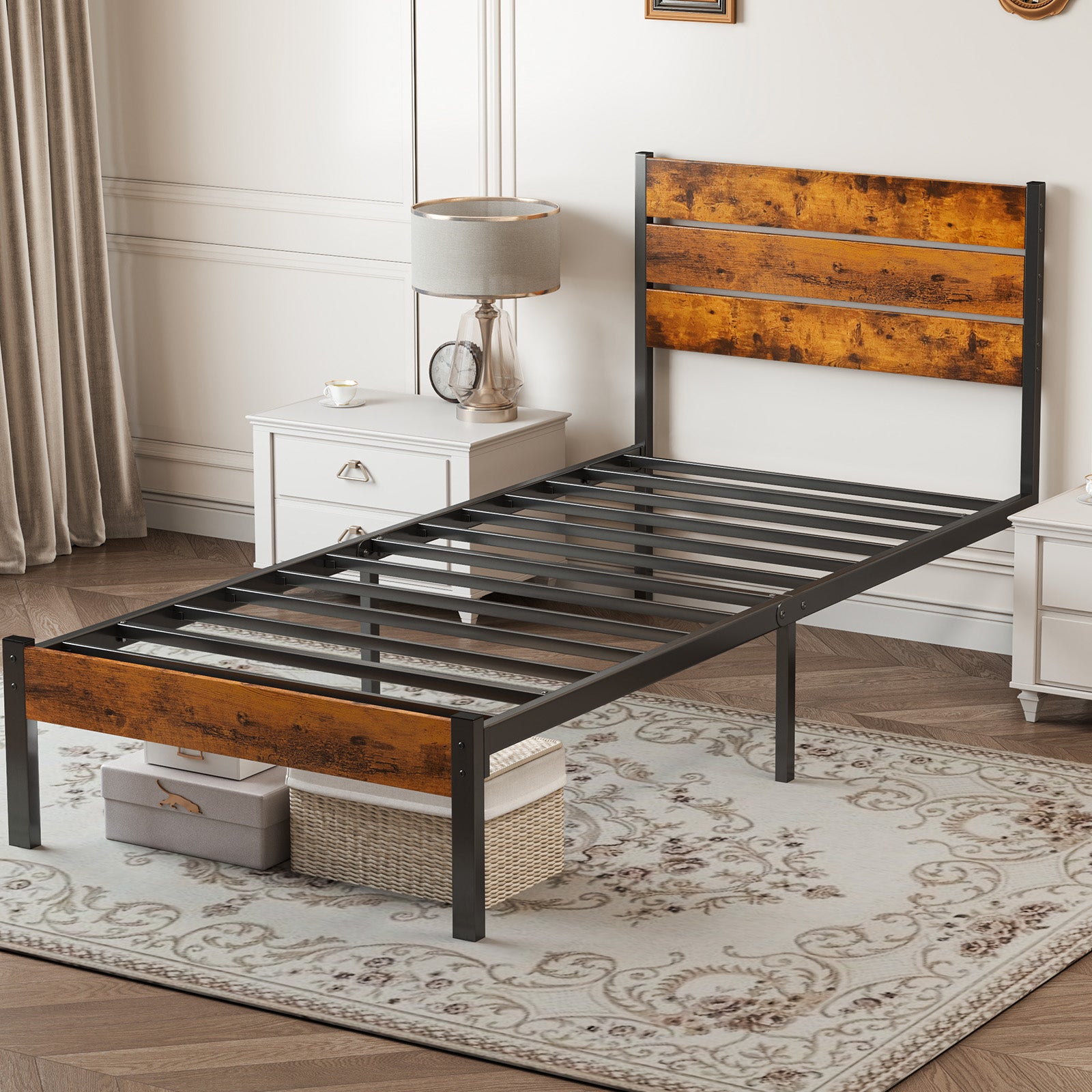 Metal Bed Frame with Industrial Wooden Headboard, Ample Storage, Noise-Free Design, Sturdy Steel Slat Support, Rustic Brown