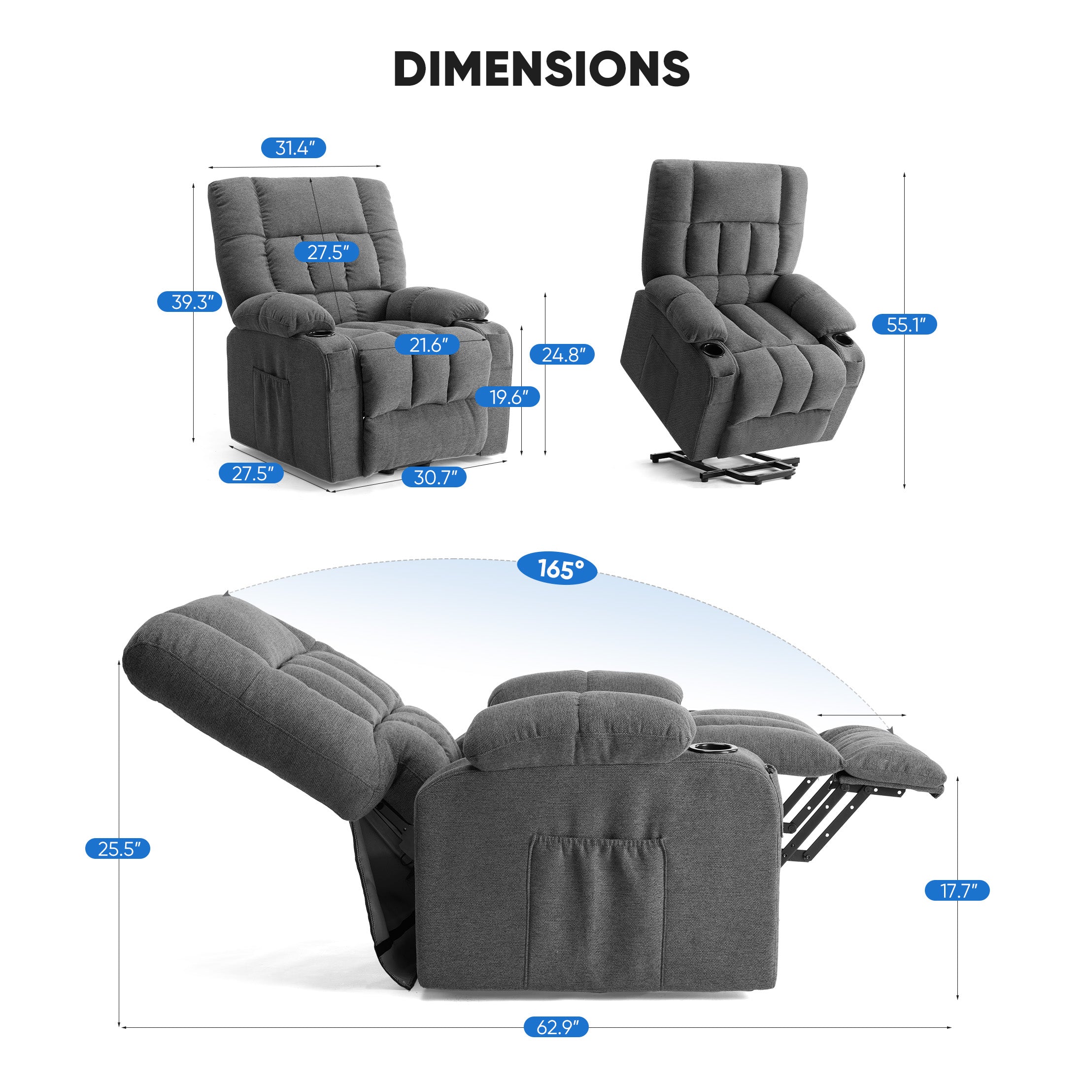 Electric Lift Massage Chair with Massage and Heating (with Remote Control,Cup Holder,Soft padded arms,Side Pocket), Grey