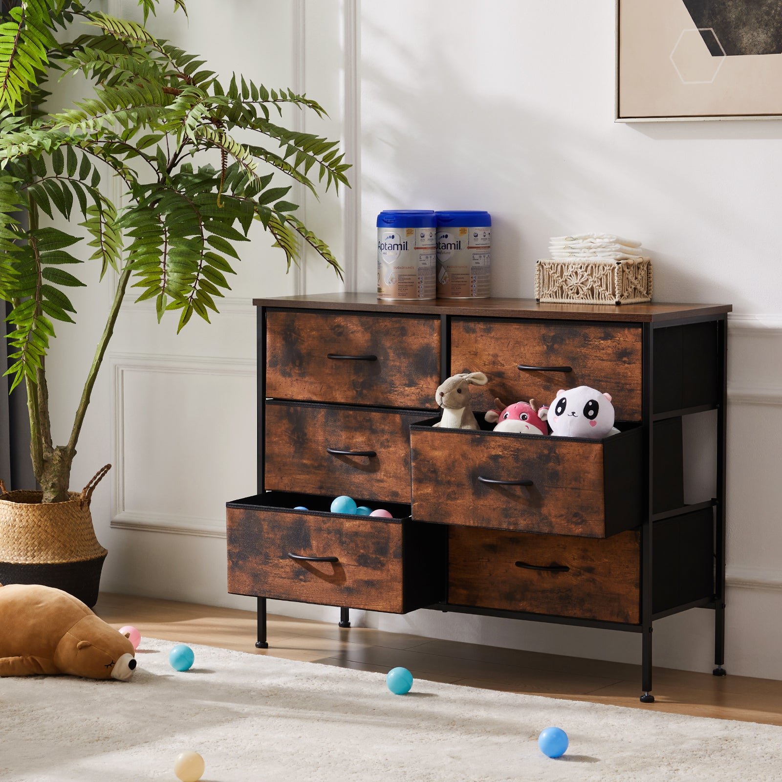 edx Dresser TV Stand, Console Table with 6 Wide Drawers, Entertainment Center for 55" TV Storage Fabric Dresser Drawer