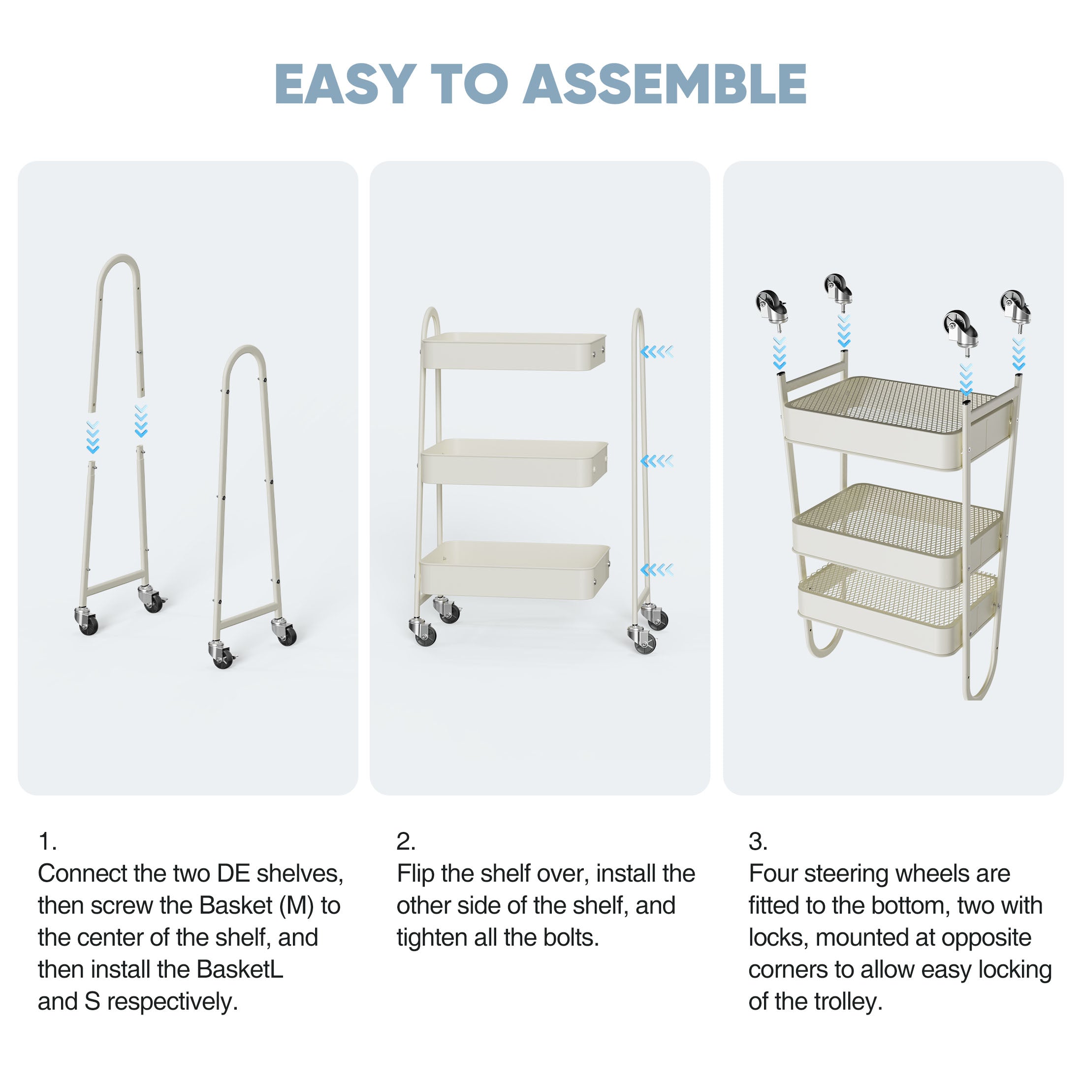 3 Tier Rolling Cart, Metal Utility Cart Storage Organizer with Lockable Casters, Multi-Functional Mesh Rolling Storage Cart for Kitchen Office