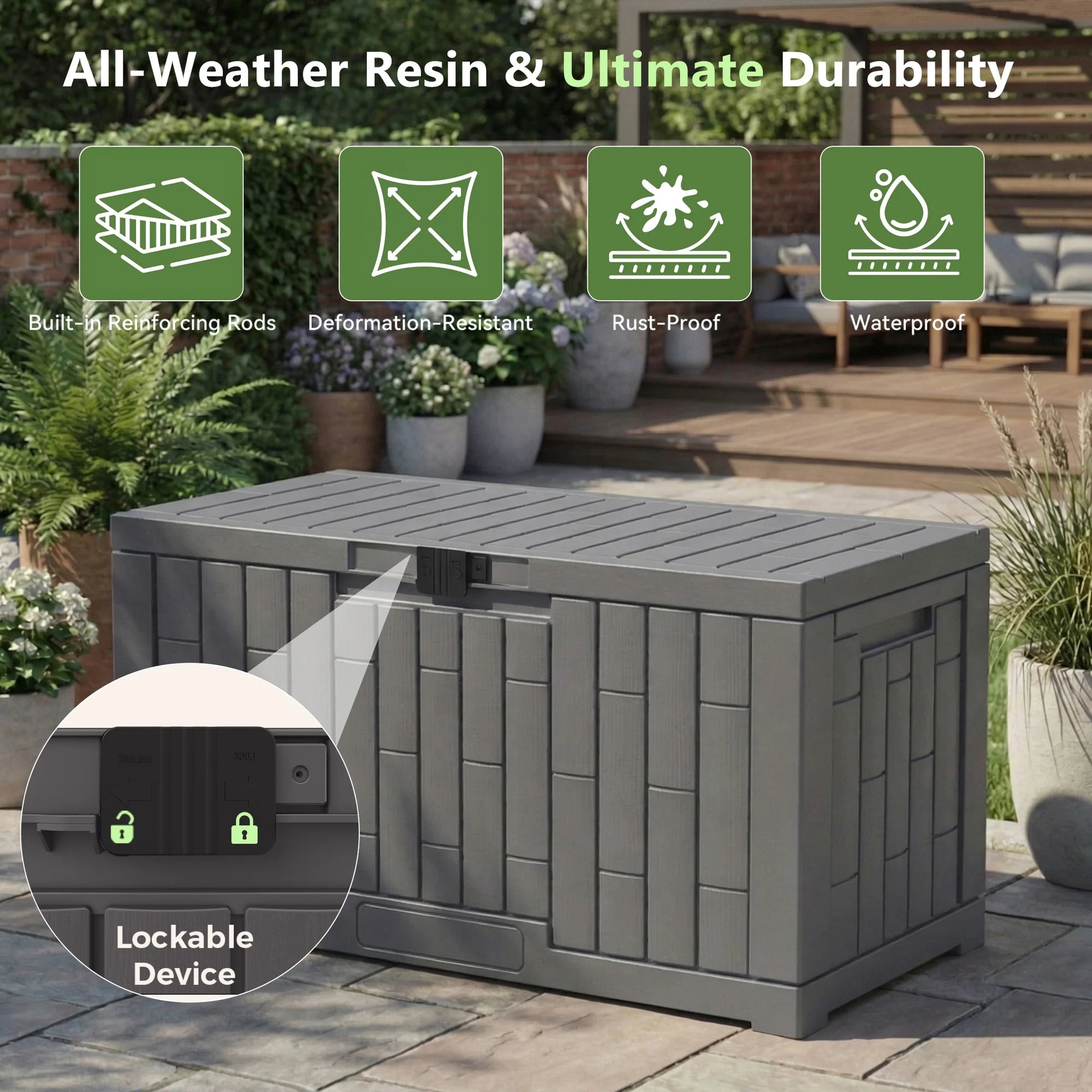 EDX 60 Gallon Deck Box, Outdoor Storage Box, Waterproof Resin Storage Bin for Package Delivery, Patio Cushions, Gardening Tools, Lockable, UV Resistant