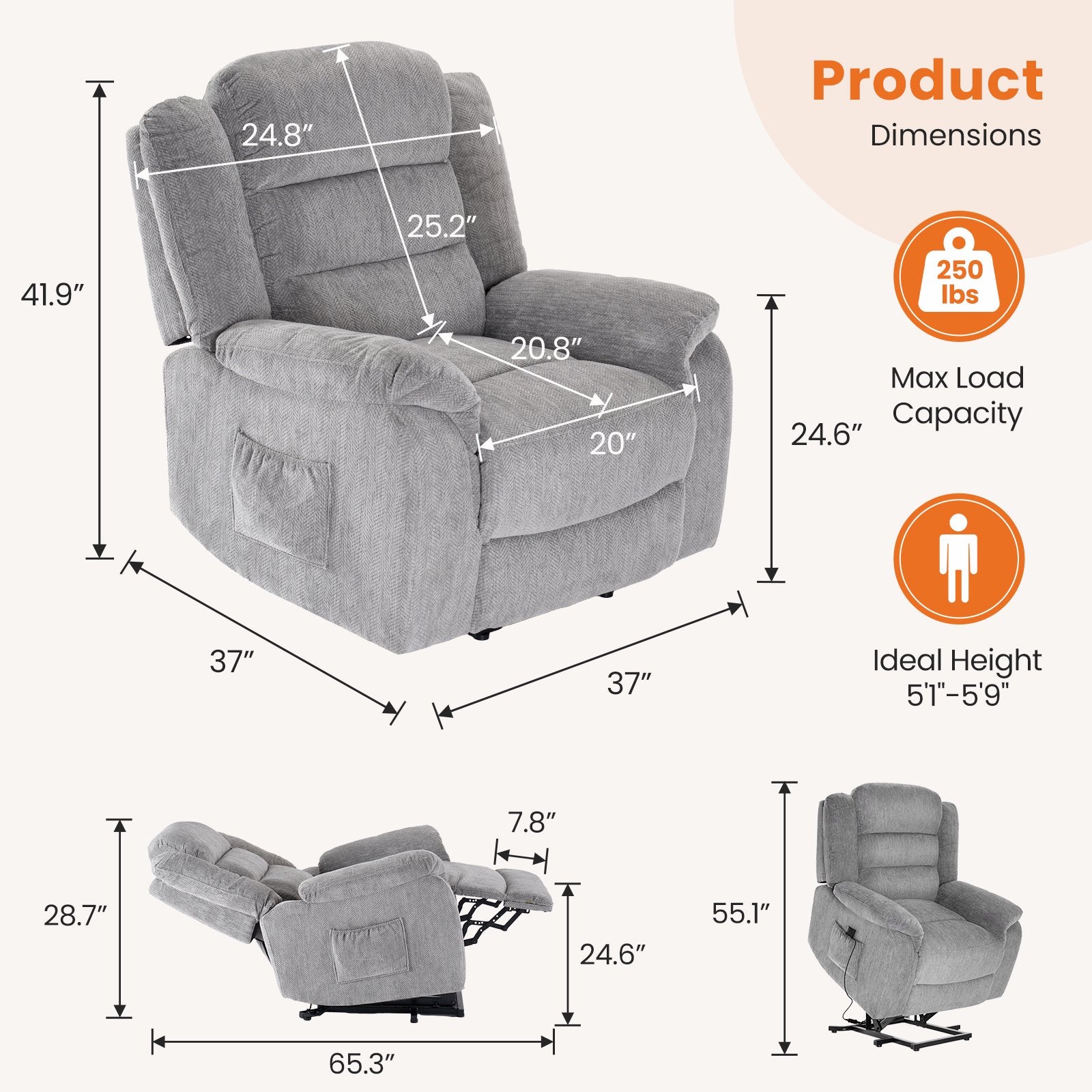 EDX Power Lift Recliner, Wide Fabric Electric Recliner Sofa for Elderly with Side Pocket and Remote Control