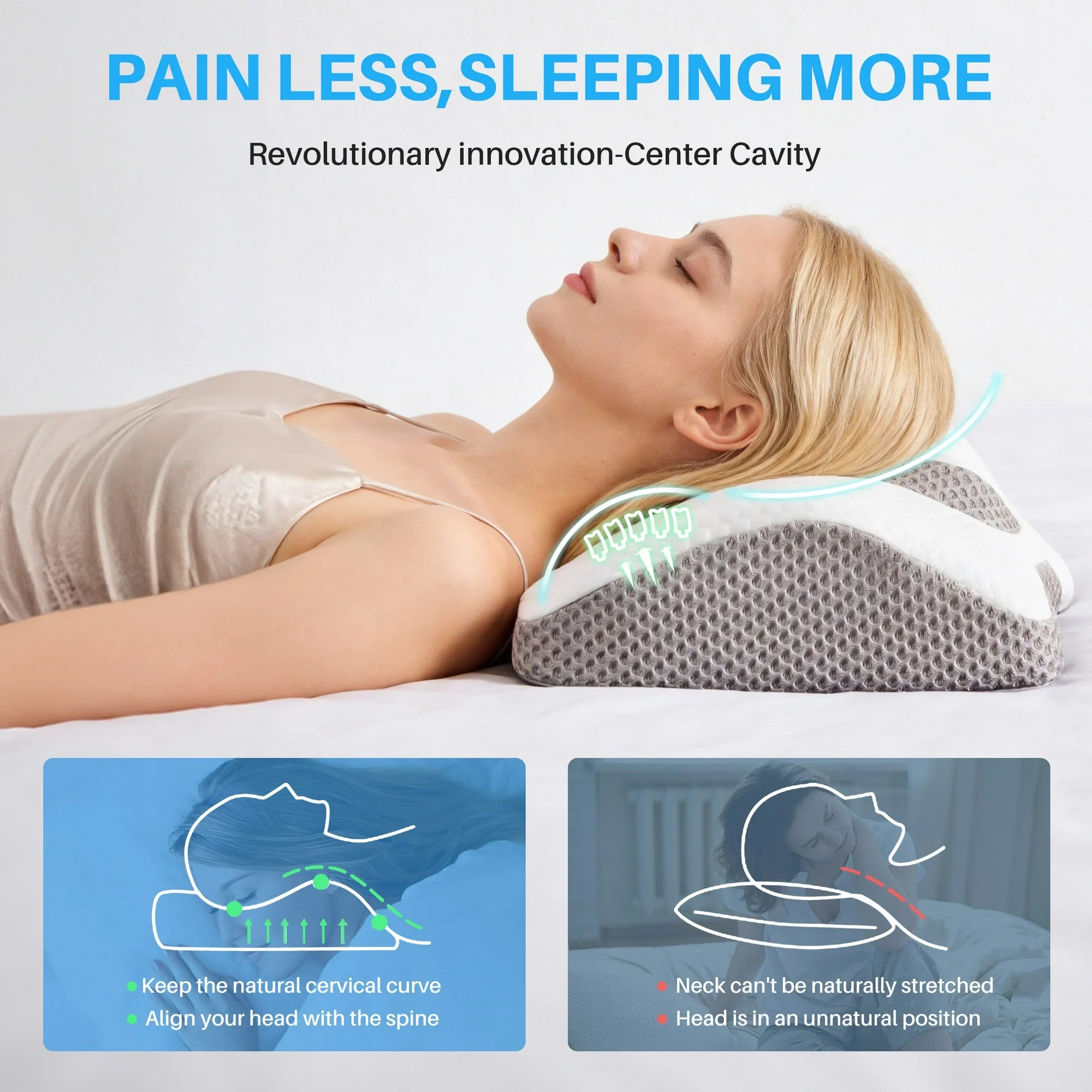 EDX King Size Square Cervical Pillows Memory Foam Double-Sided Pillow for Neck Pain Relief- Removable Cover,White and Gray