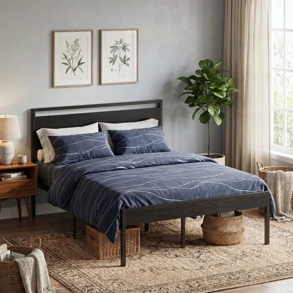 edx Bed Frame, Heavy Duty Metal Platform Bed with Wooden Headboard, 1000-LB Capacity, Under-Bed Storage, No Box Spring Needed
