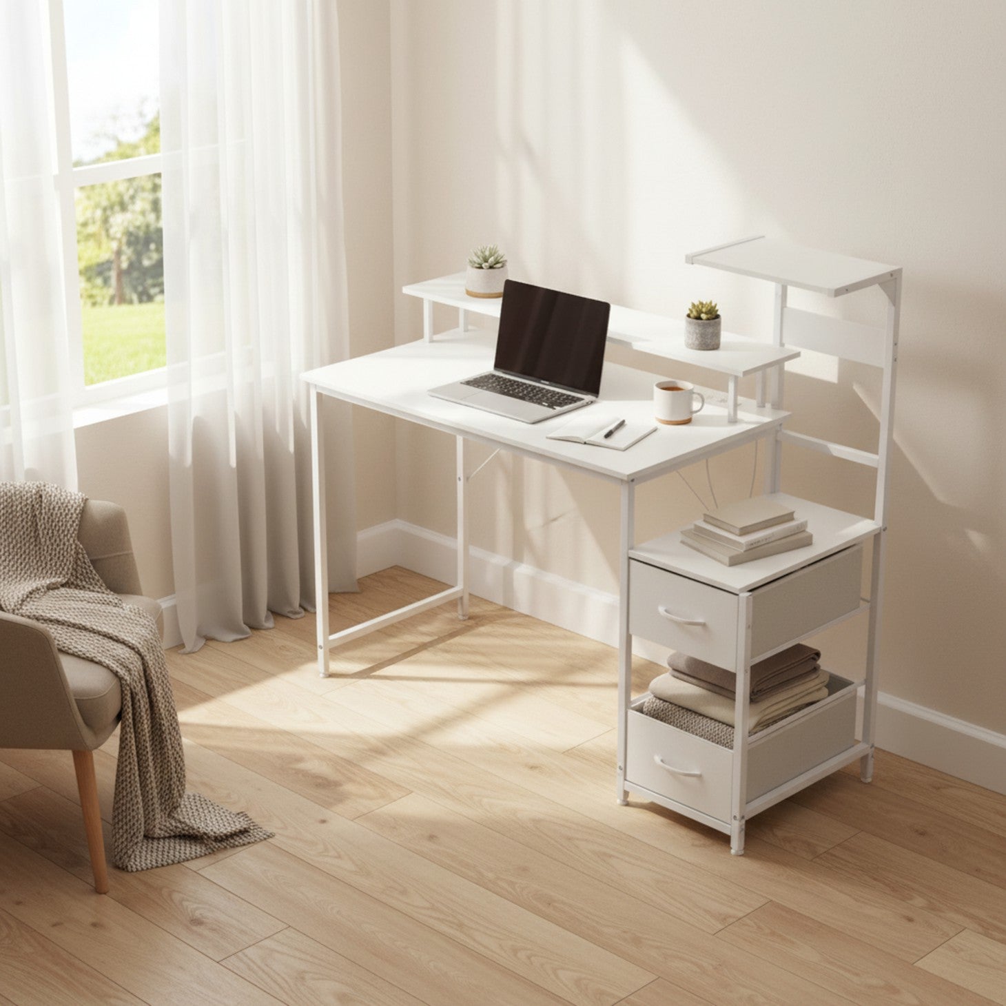 Edx Gaming Desk with Hutch & 3 Fabric Drawers, Computer Desk with USB Ports & LED Lights, Reversible Pc Gamer Table with Monitor Stand for Home Office