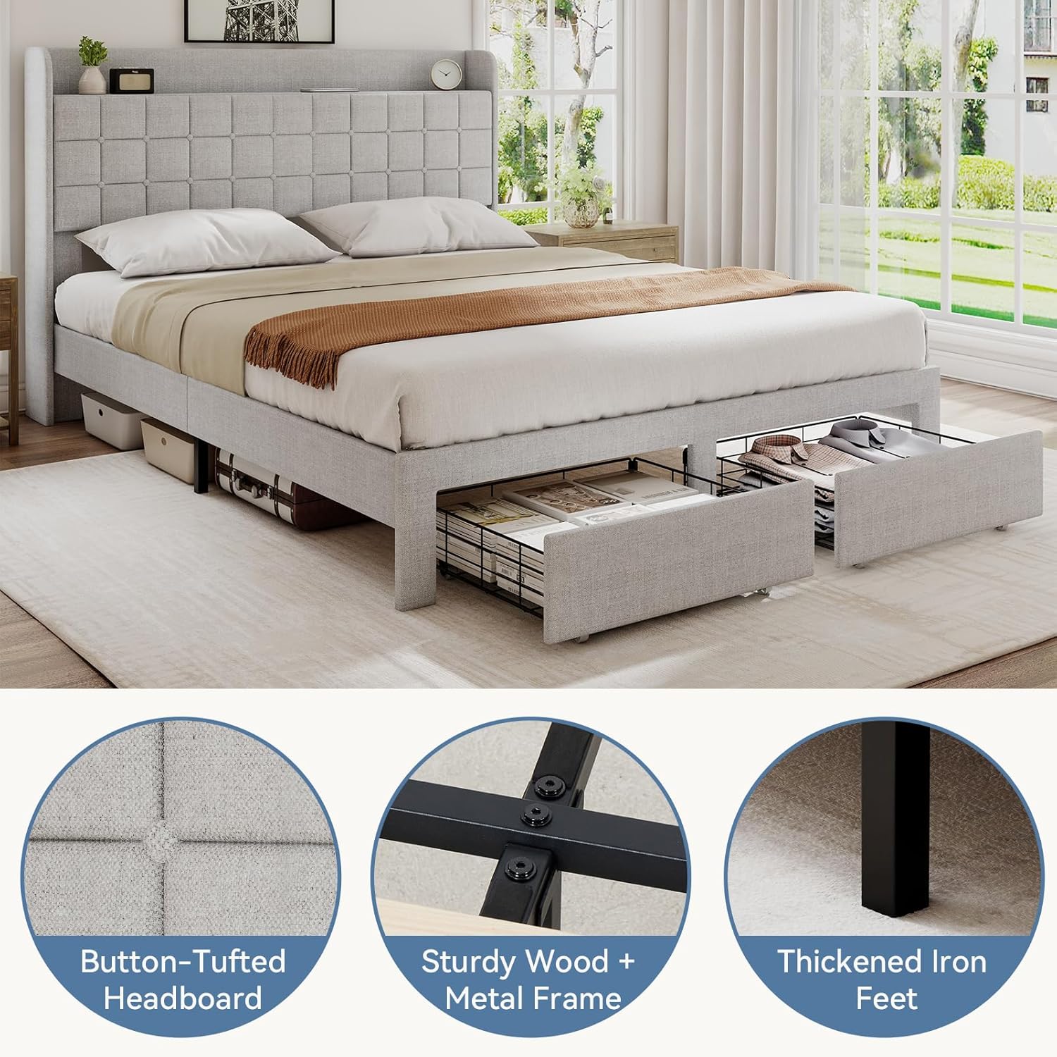 EDX Upholstered Bed Frame with Storage Drawers and Fabric Headboard, Steel Support Frame