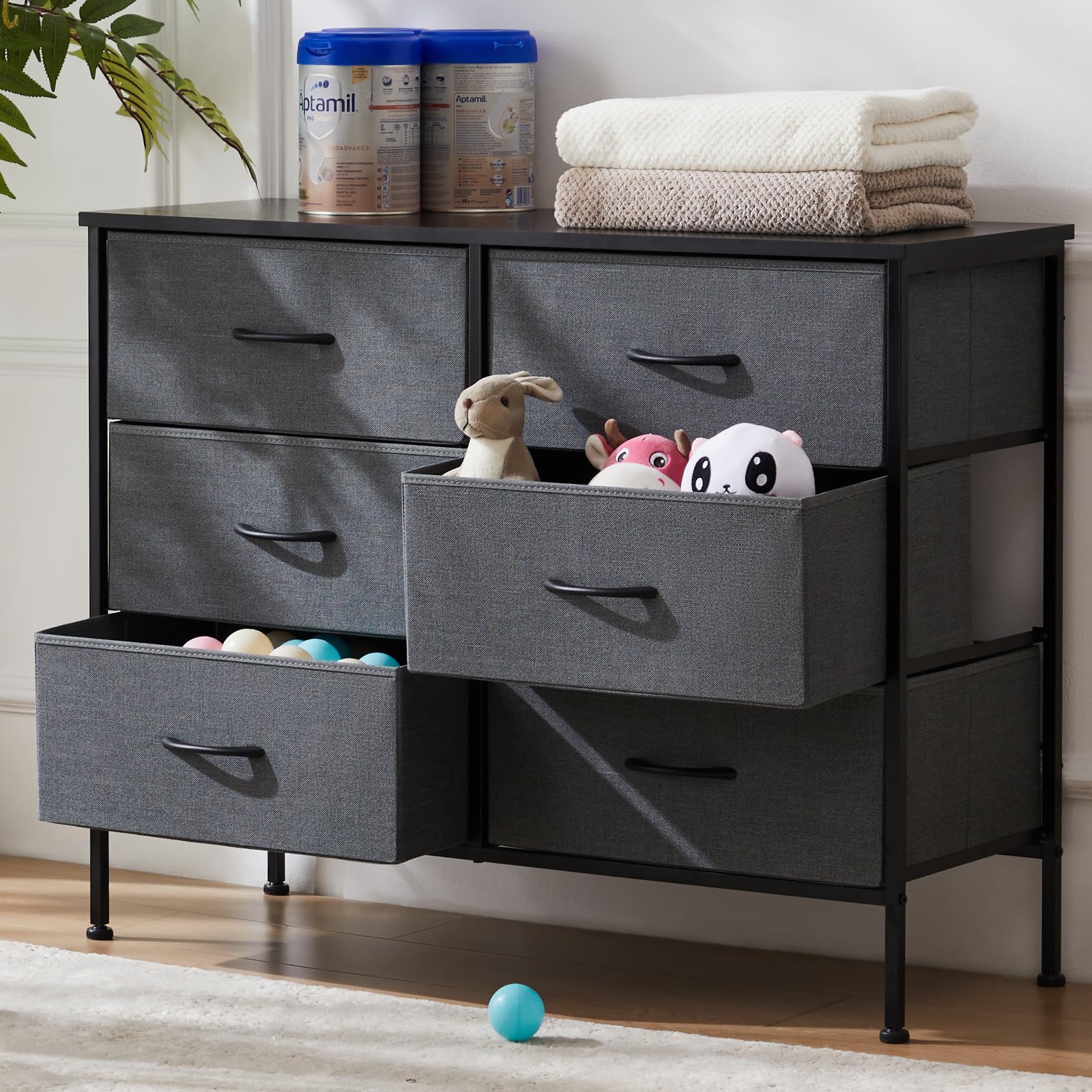 edx Dresser TV Stand, Console Table with 6 Wide Drawers, Entertainment Center for 55" TV Storage Fabric Dresser Drawer