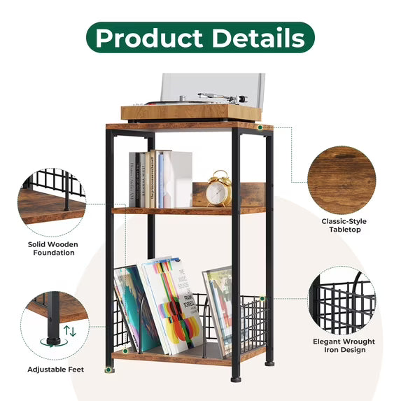 edx 3-Tier CD Storage Rack & Record Player Stand, Multi-Use Organizer with U-Shaped Dividers, Anti-Rust & Sturdy, for Home/Office/Bedroom