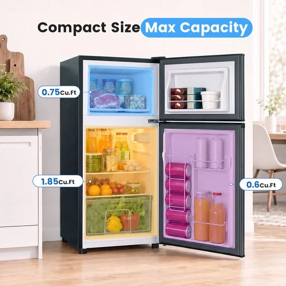 edx 2.5 Cu ft Two Door Mini Fridger with Freezer, Compact Small Refrigerator with 7-speed adjustable temperature control, Black
