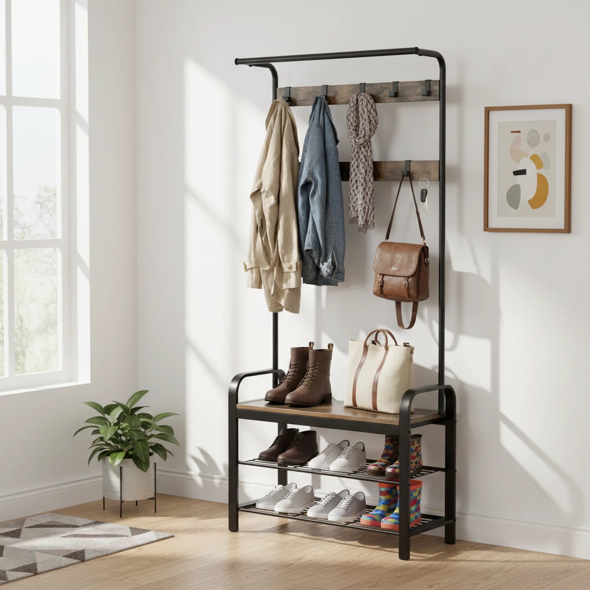 edx Coat Rack, 4-in-1 Shoe & Hat Rack with Shoe Bench, Includes 10 Removable Hooks & Hanging Rod