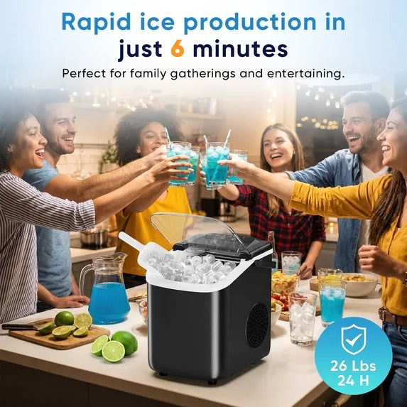 edx Countertop Ice Maker,9 Cubes in 6 Minutes, Self-Cleaning, with Ice Basket & Scoop, 26Lbs/24H,Black