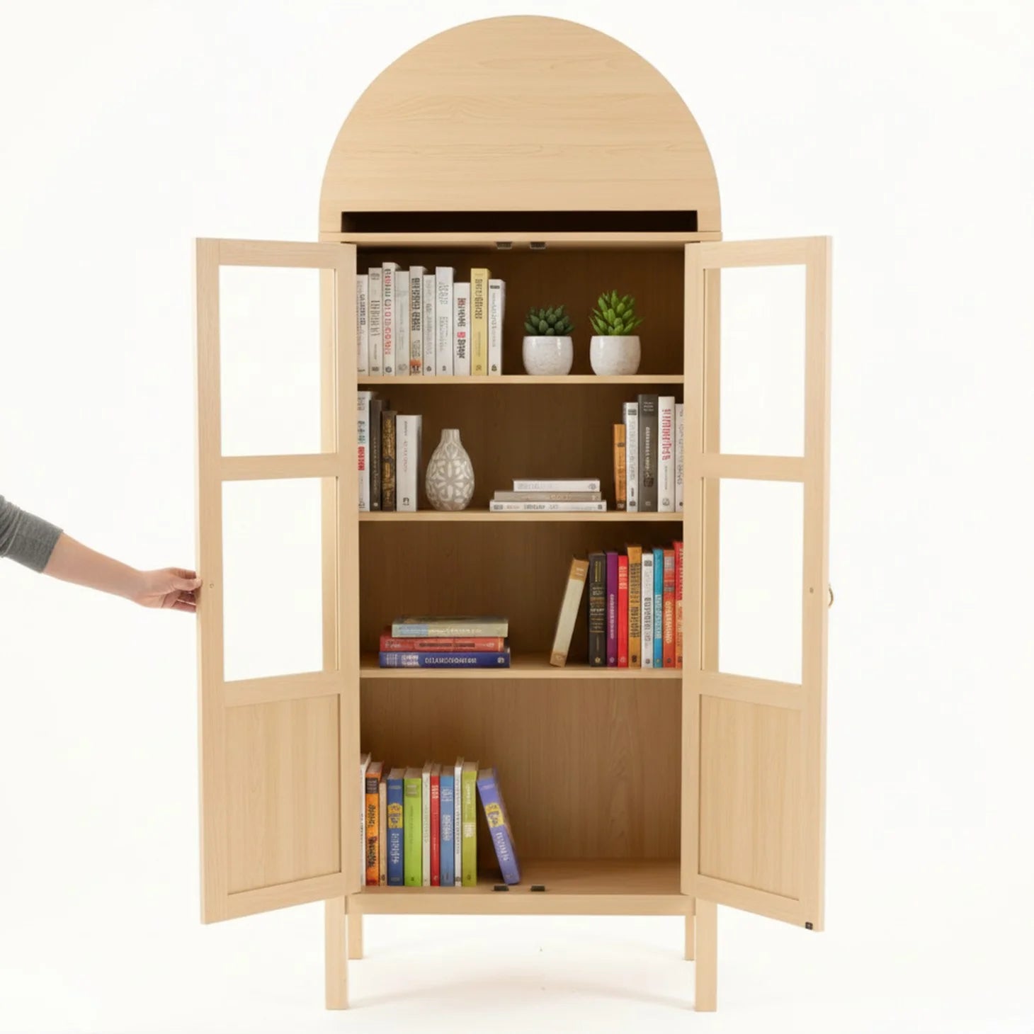 EDX 71" Wood Tall Storage Display Cabinet with Rounded Arched Top in Oak, 2 Doors