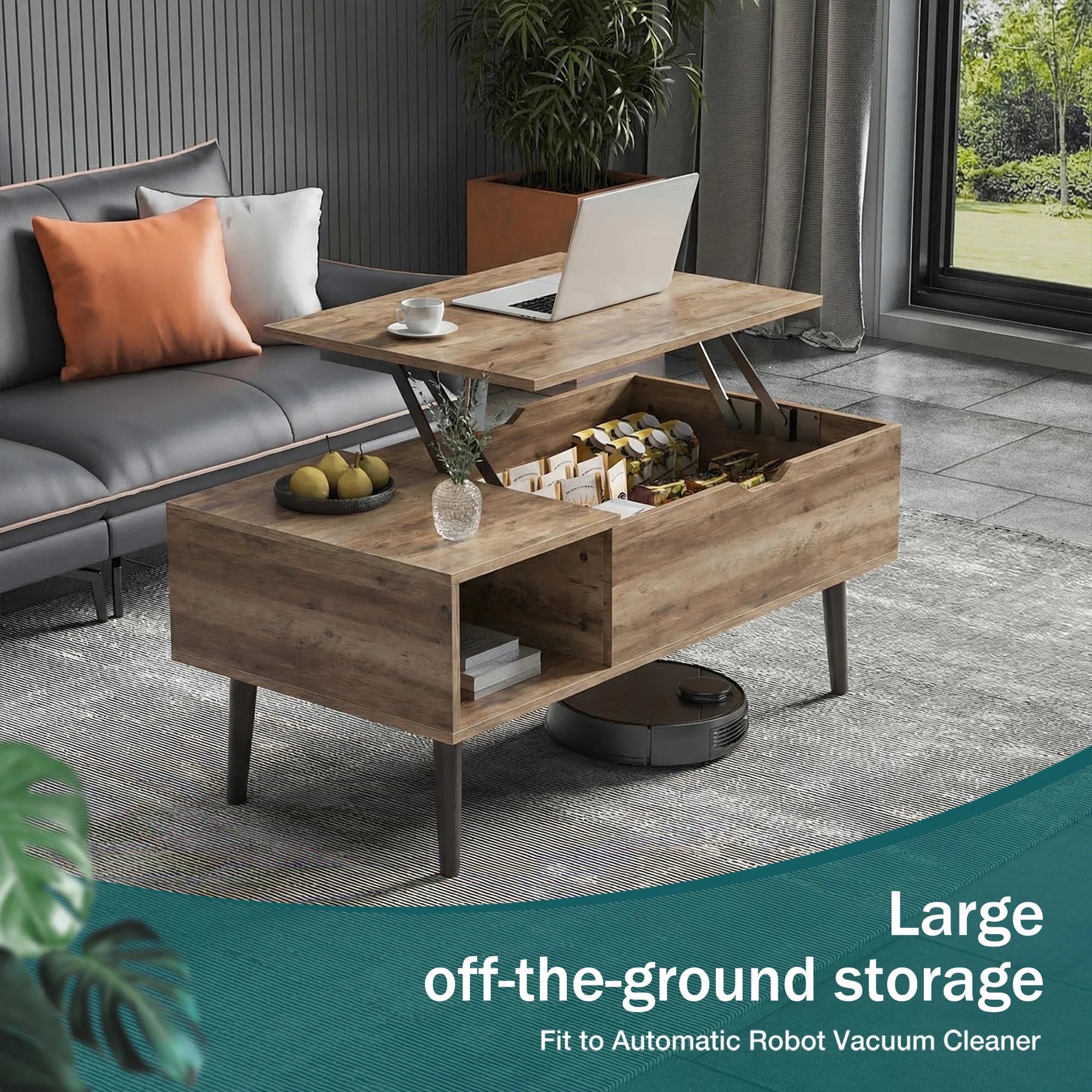 edx Wooden Lift Top Coffee Table with Hidden Compartments and Adjustable Shelves - Ideal for Small Homes, Apartments, Reception Rooms