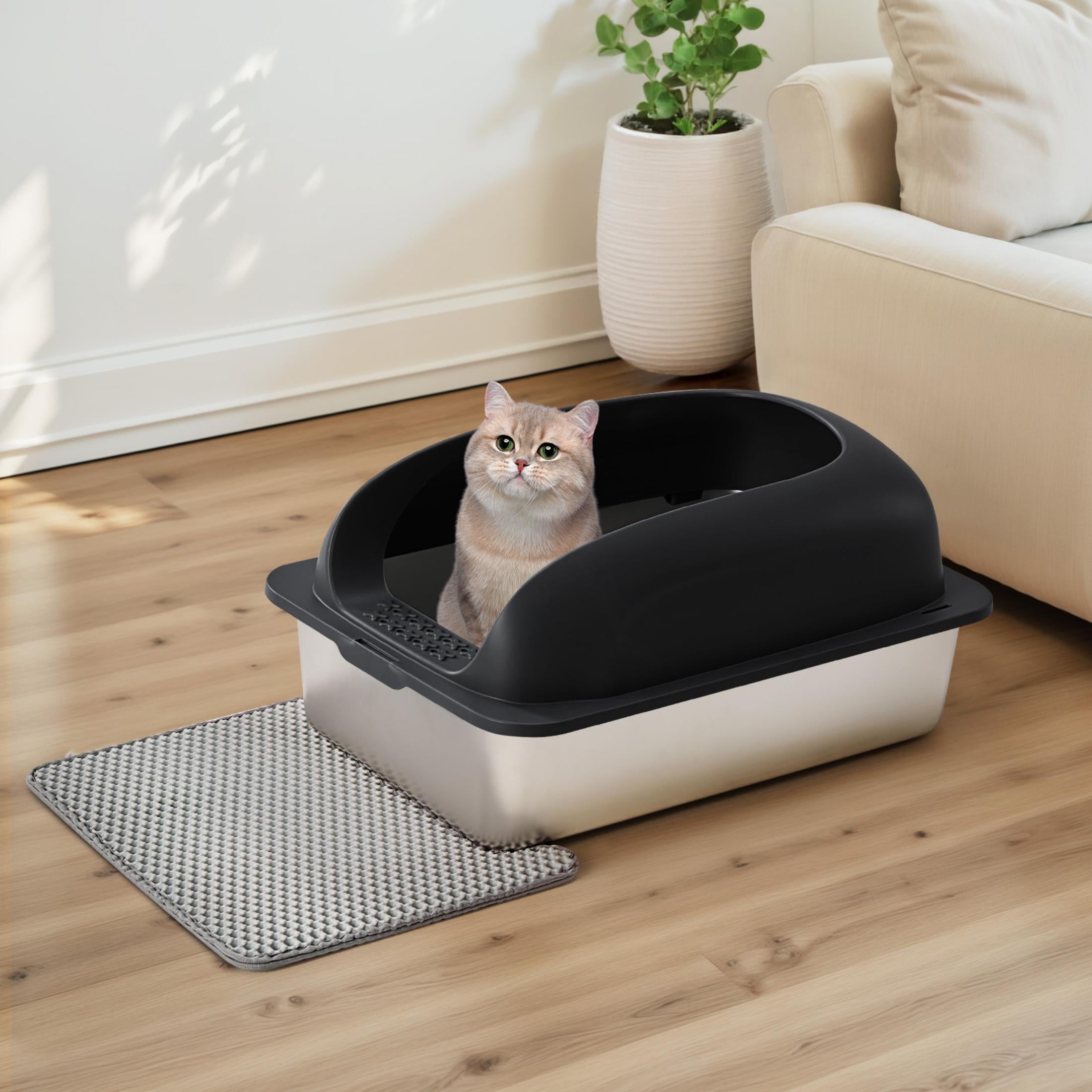 EDX Stainless Steel Cat Litter Box with Lid, XL Extra Large Cat Litter Box for Big Cats, High Wall Sides, Never Absorbs Odors, Anti-Urine Leakage, Easy Cleaning, Scoop and Mat Included,