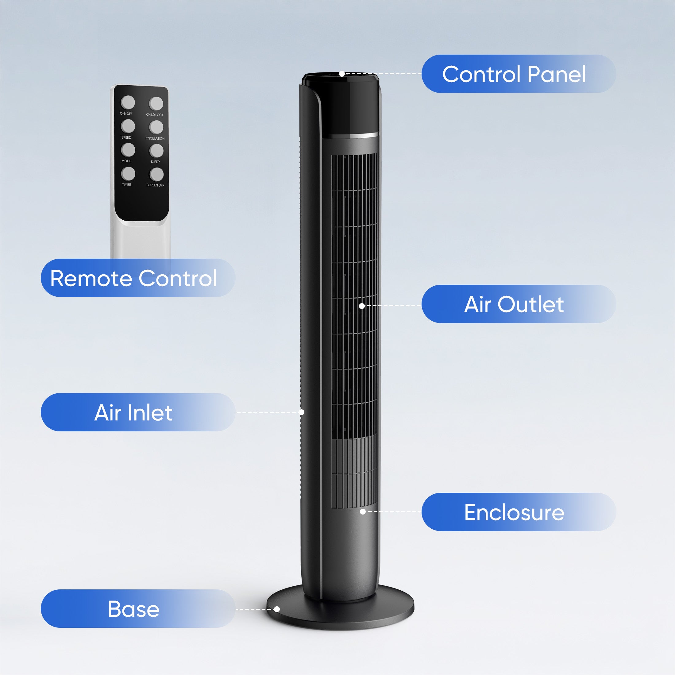 EDX Tower Fan for Home, 36" Standing Floor Fan, 25 ft/s Bladeless Fan Cold Air, 28dB Quiet for Sleep, Remote, 60° Oscillation, 12H Timer, 5 Speeds, 4 Modes, LED Display，Black