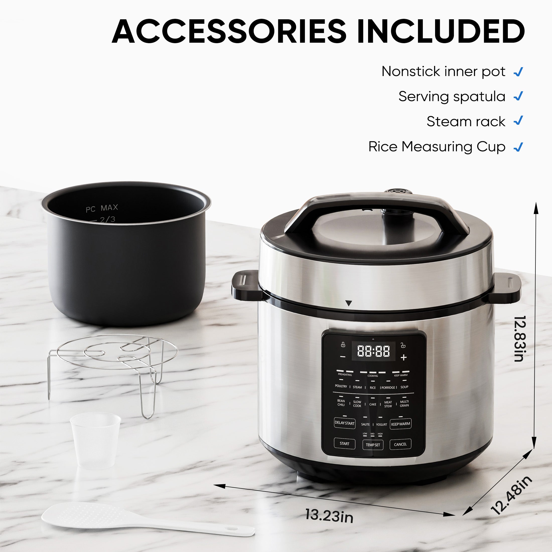 Instant Cooker 6 Quart 12-in-1 Electric Pressure Cooker Multi-Function Features & Stainless Steel Pot