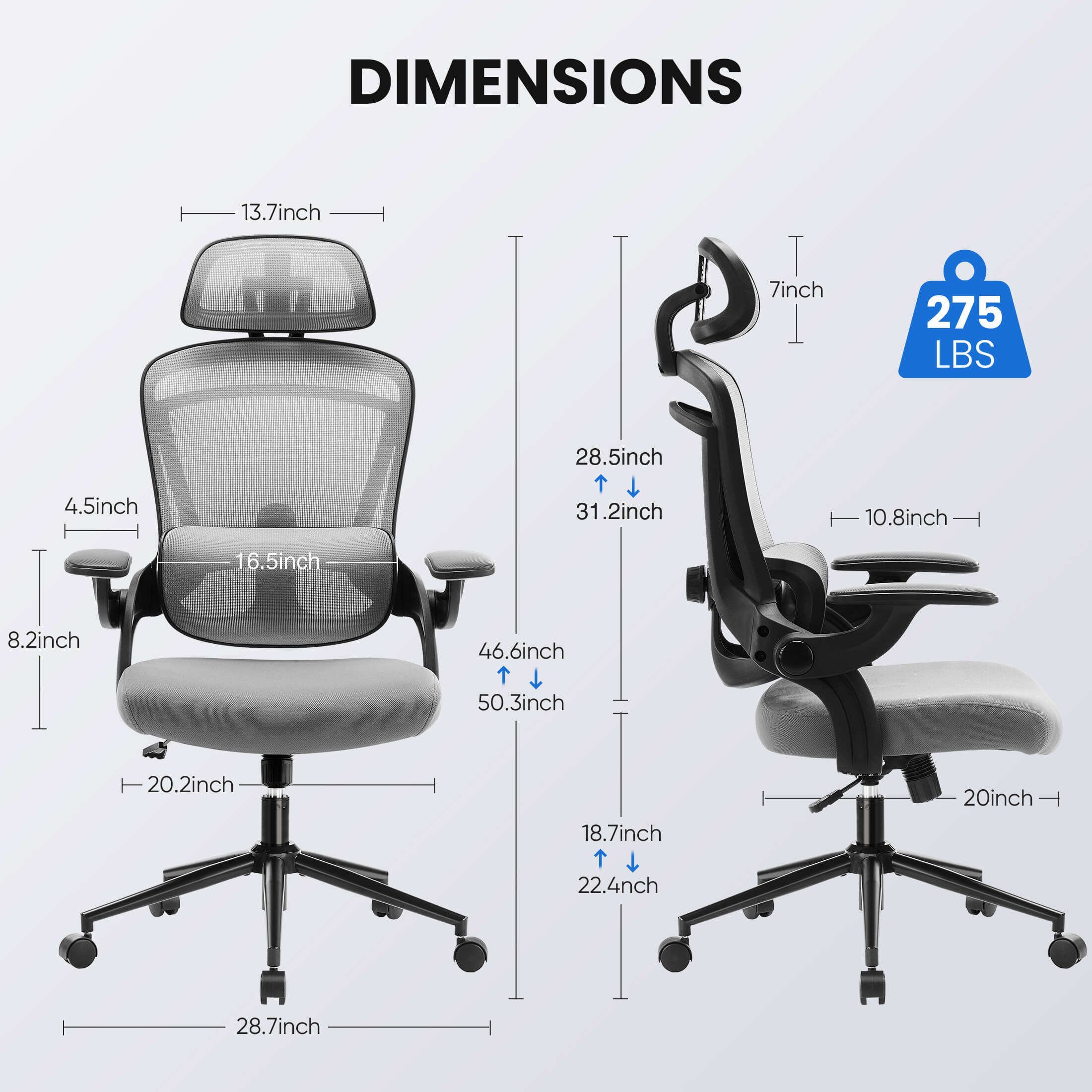 Ergonomic office chair-with adjustable lumbar support and headrest, soft flip-up armrests, height and 120° tilt adjustment