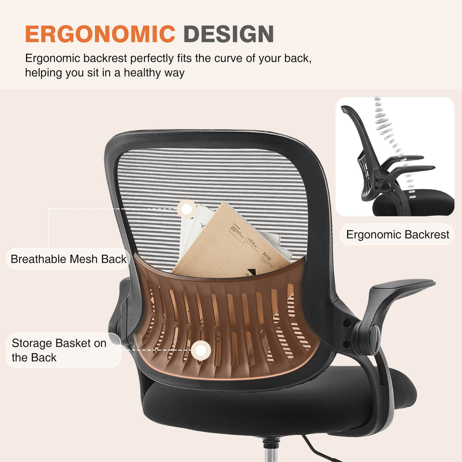 Office Computer Desk Chair-Ergonomic Chair with Wheels, Comfortable Lumbar Support, Comfy Flip-up Arms for Home, Office