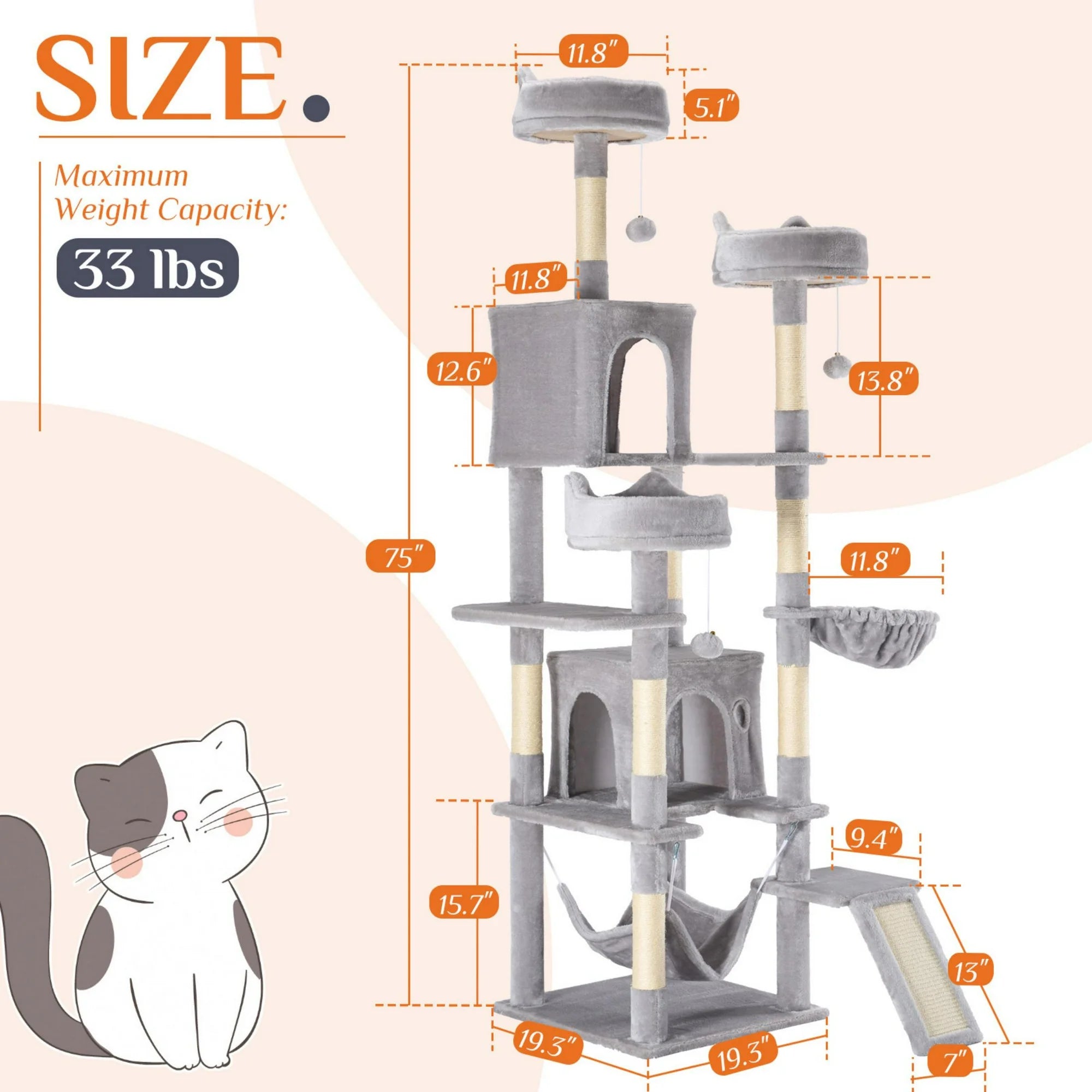EDX 75" Cat Tree Tower for Indoor Cats, Multi-Level Durable Cat Climbing Tower, Large Pet House with Natural Sisal Scratching Post, Cozy Condo, Extended Platform, Kitten Toy and Hammock