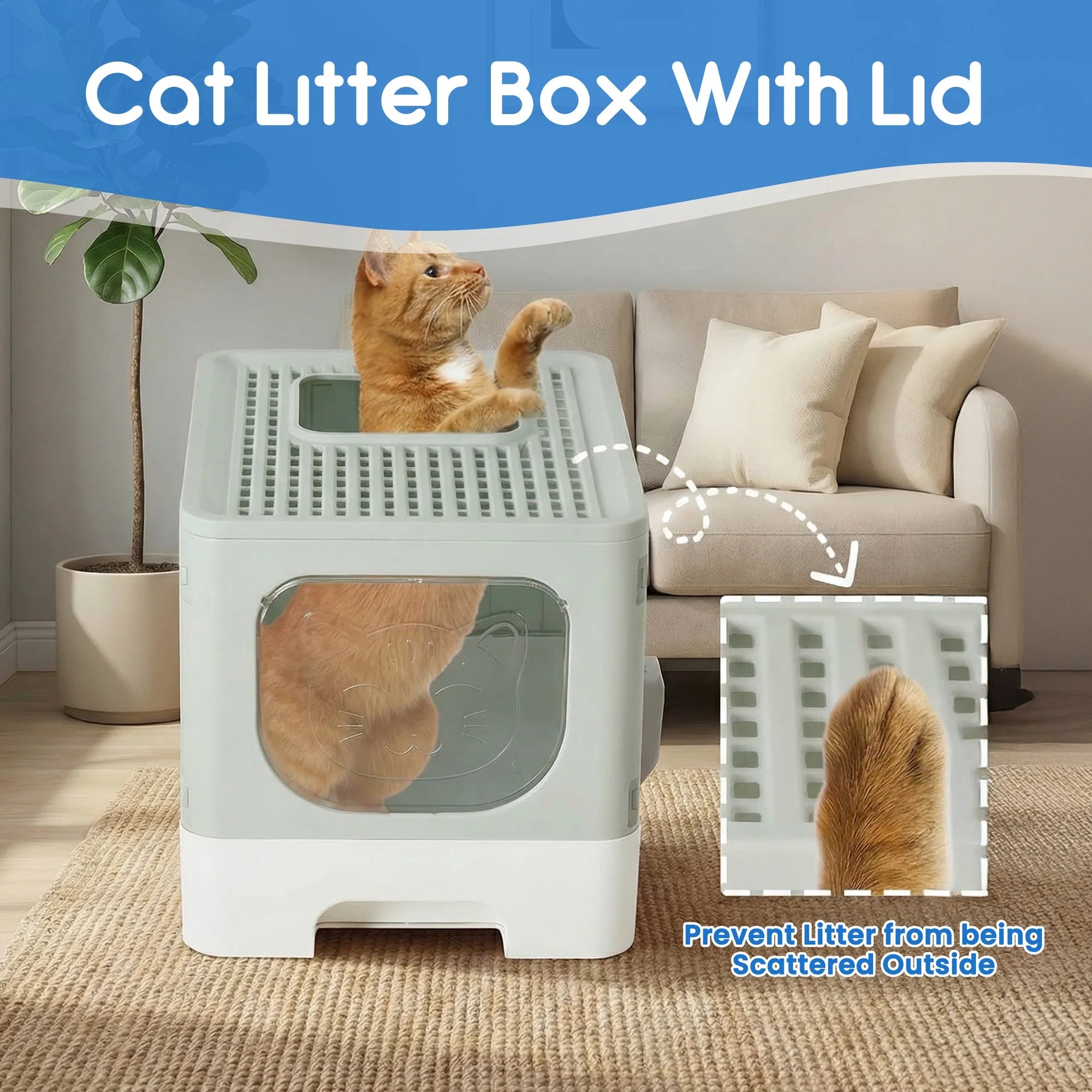 EDX Large Foldable Cat Litter Box with Lid, Enclosed Anti-Splashing Cat Box with Litter Scoop, Front Entry Top Exit Kitty Litter Box with Door, Drawer Design, Easy Cleaning & Odor Control