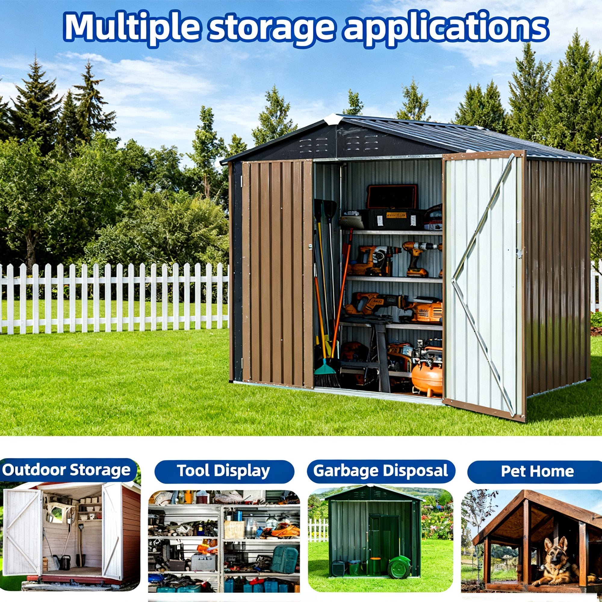 EDX 6'x4' Outdoor Storage Shed with Gable Roof, Double Hinged Doors, Lockable, Galvanized Steel - Garden Storage Shed,Brown