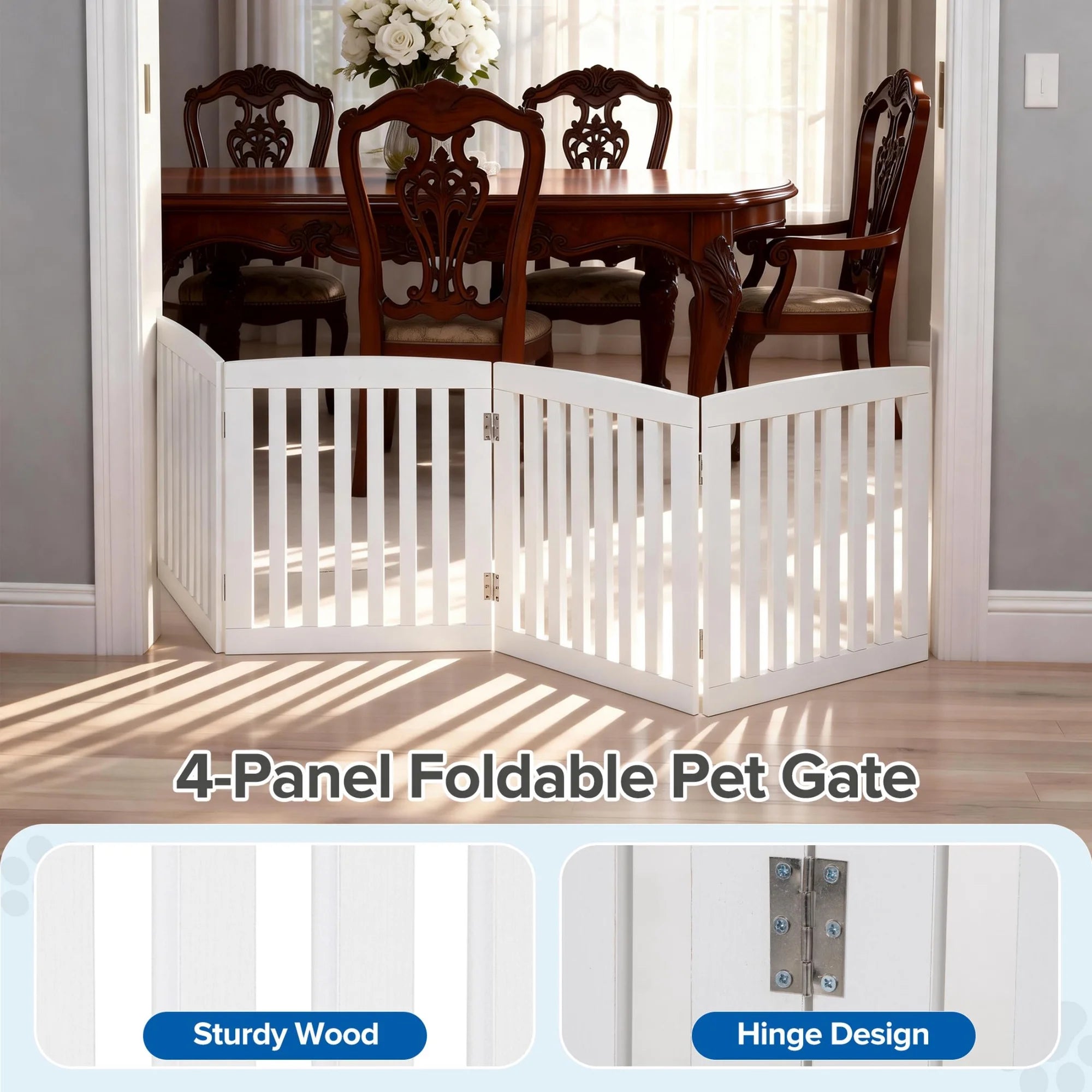 EDX 24" Height-4 Panels Wooden Pet Gate for Dogs and Cats, Foldable Freestanding Dog Gate with Hinge Design, Indoor Portable Extra Wide Dog Fence Pet Barrier, For Doorways, Stairs