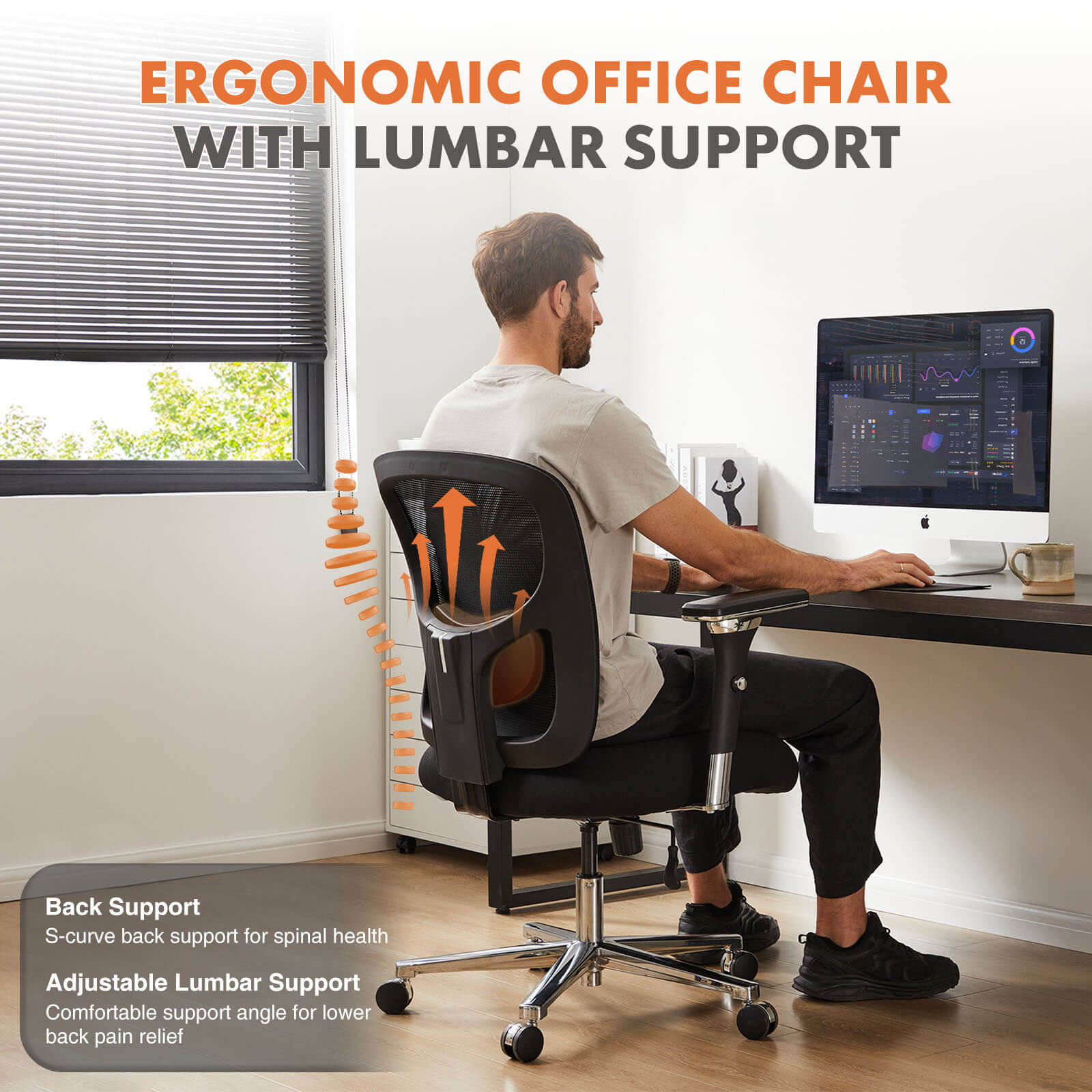 Ergonomic Home Office Adjustable Lumbar Support and Wheels, 3D Armrest, Wide Heavy Duty Computer Task Chairs for Adults