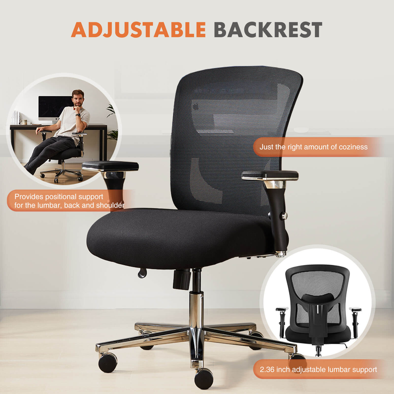 Ergonomic Home Office Adjustable Lumbar Support and Wheels, 3D Armrest, Wide Heavy Duty Computer Task Chairs for Adults