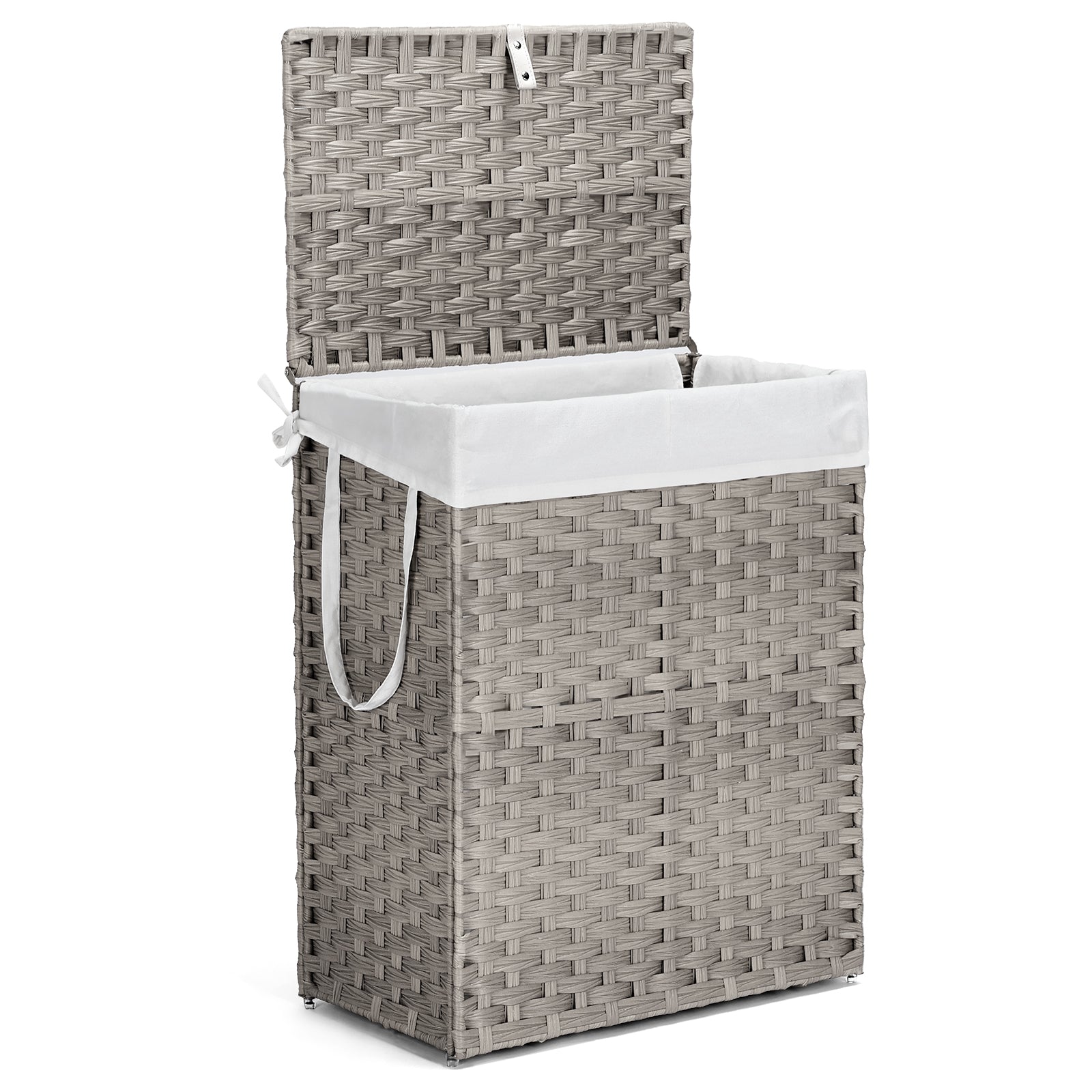 Laundry Hamper with Lid, Hand-Woven PP Rattan Laundry Hamper with Handle, Foldable, Removable Liner, Gray