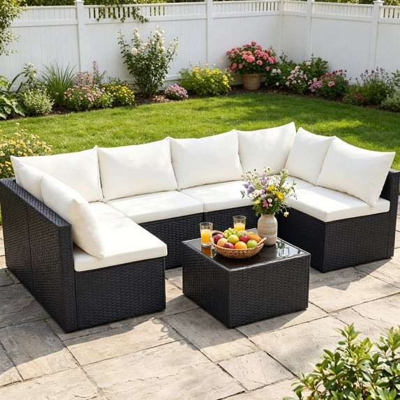 EDX 7 Piece Outdoor Wicker Patio Furniture Set, PE Rattan Sectional Conversation Set with Tempered Glass Coffee Table, Washable Cushions & Pillows for Backyard, Garden, Poolside
