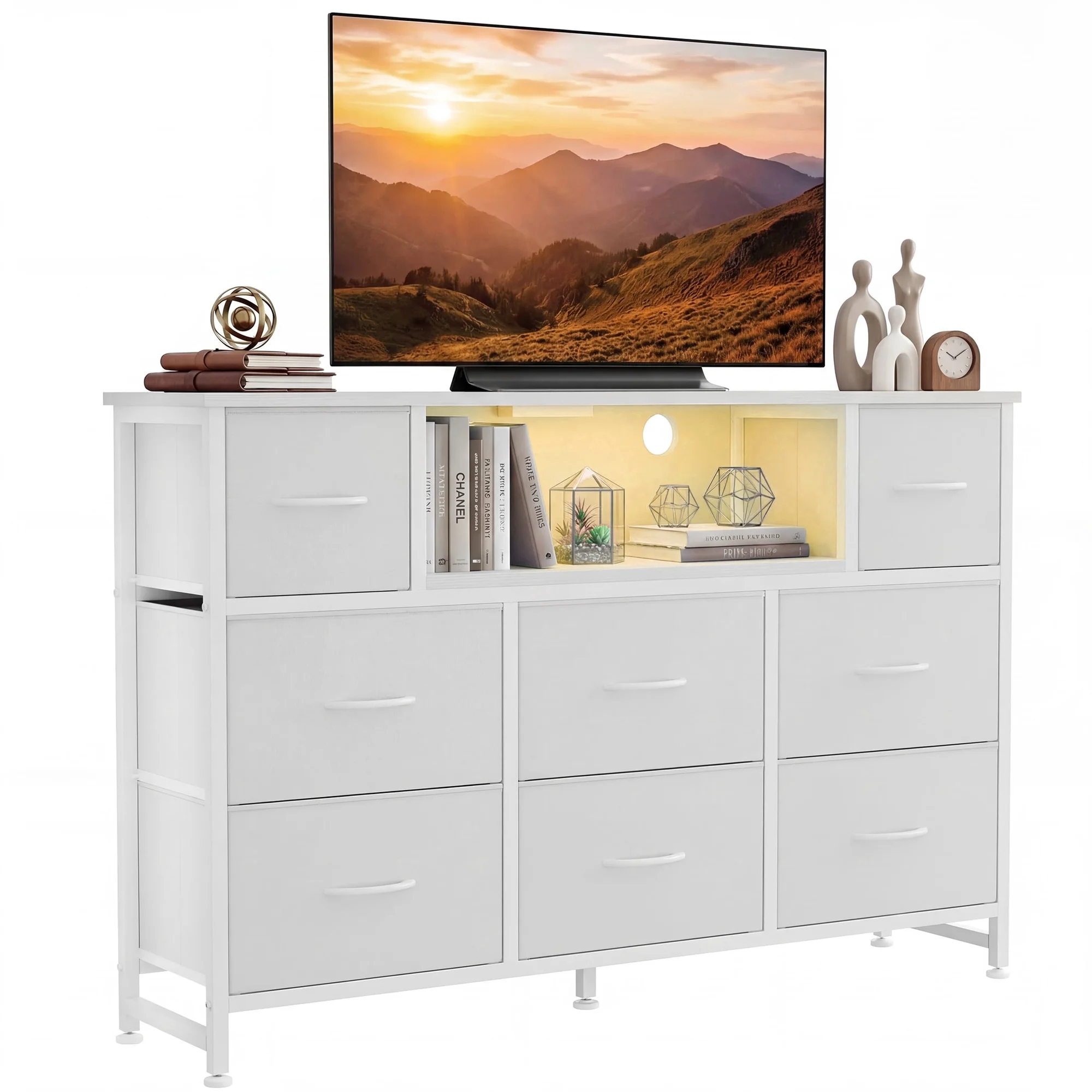 edx TV Stand with 8 Fabric Drawers, Open Shelves & LED & Power Outlets for Bedroom, Living Room, Entryway, Wood Top