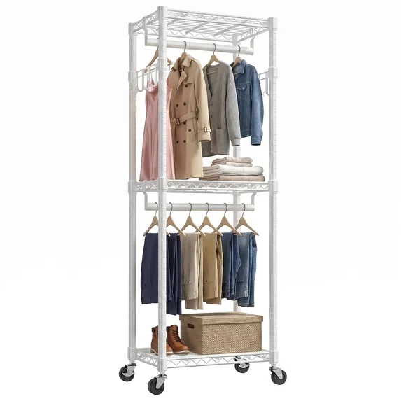 edx Clothes Rack, Heavy-Duty Garment Rack with Shelves & Wheels, Freestanding Wardrobe Organizer with Hooks, Ideal for Bedroom, Laundry, or Balcony