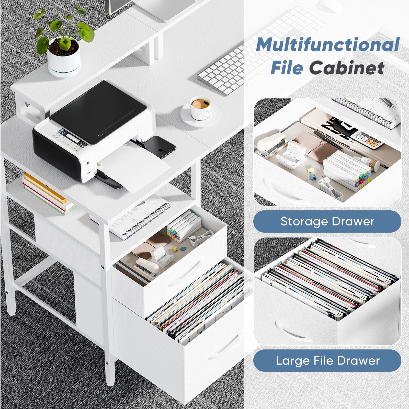 EDX 65” L Shaped Desk with Power Outlet, Reversible Computer Gaming Desk, File Drawer, 2 Monitor Stands & Storage Shelves for Home Office