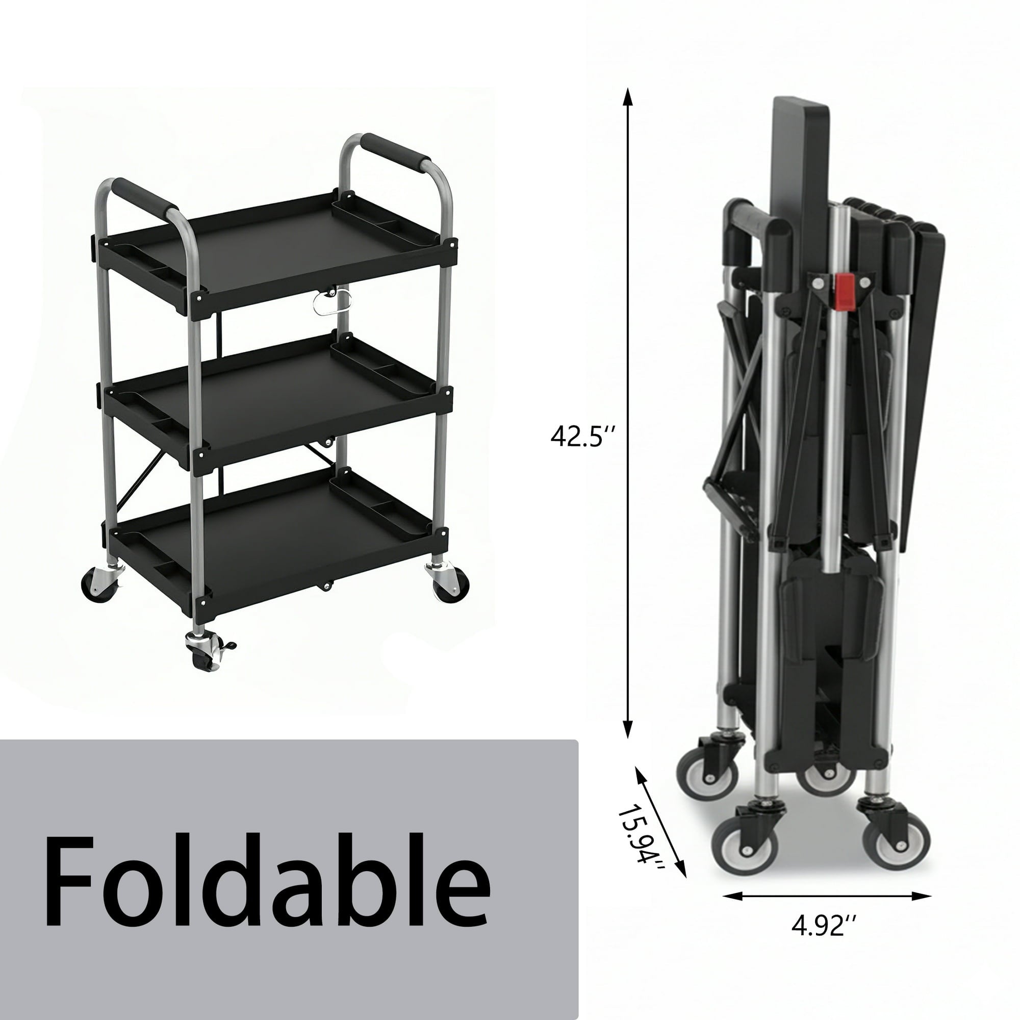 EDX 3-Tier Portable Utility Cart with Wheels, Heavy Duty Collapsible Cart for Home, Office, and Storage, 33 lbs per Shelf,Black