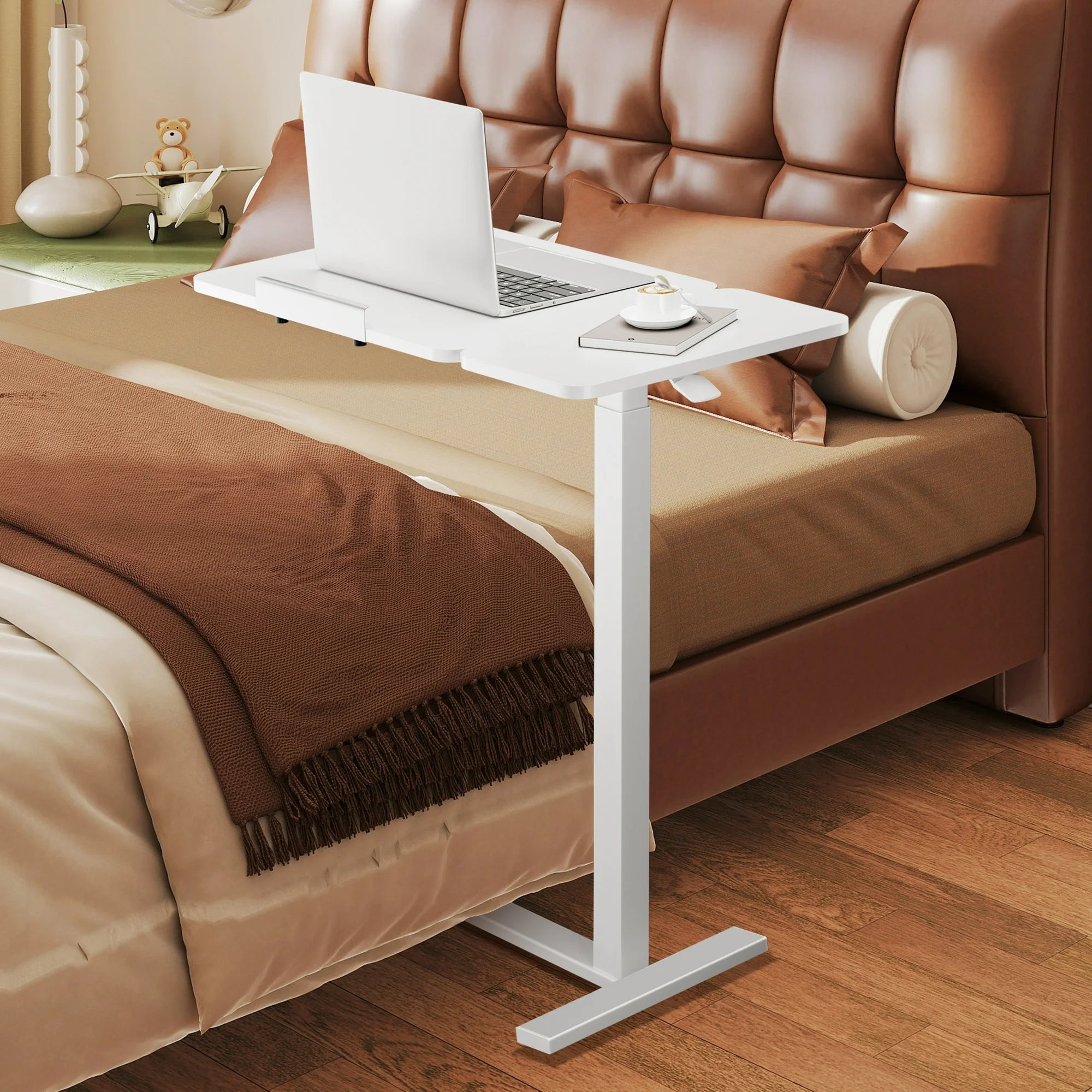 ZUNMOS Overbed Bedside Lap Desk with Wheels and Tilt Top, Mobile Standing Lap Desk Pneumatic Adjustable Height for Home Office Bedroom Sofa, White