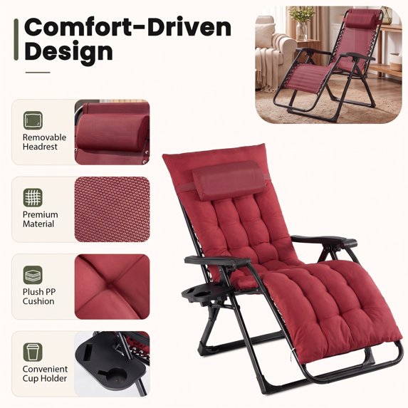 EDX Zero Gravity Chair with Cushion 440 LB Capacity Folding Outdoor Lounge Chair for Patio Outdoor with Cup Holder & Headrest