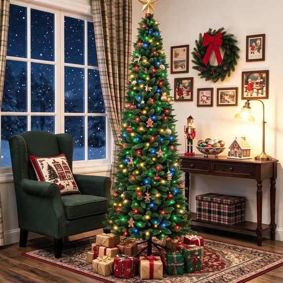 edx Pre-lit Snow Flocked Pencil Christmas Tree, Prelighted Artificial Slim Christmas Trees, With LED Lights,  Branch Tips & Foldable Base, For Home, Office, Party Decoration